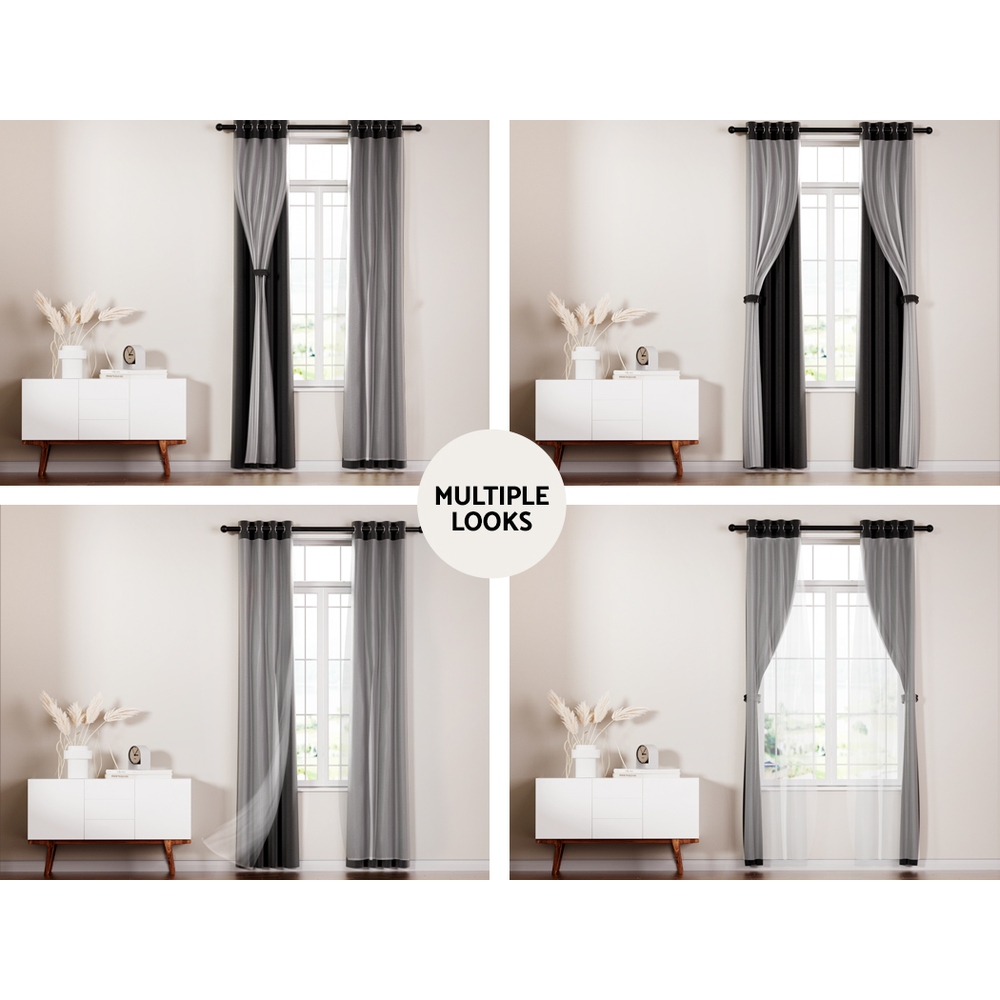 Artiss 2X 132x304cm Blockout Sheer Curtains Black - Image 4