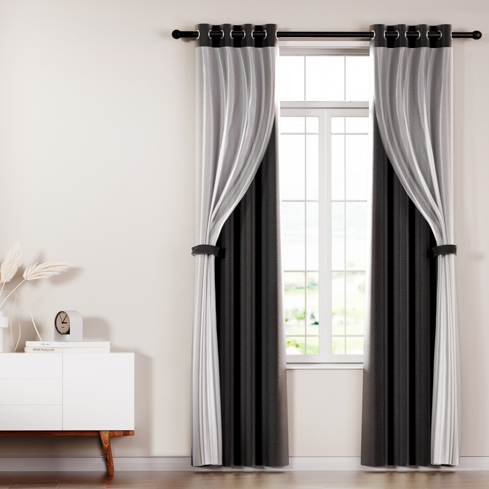 Artiss 2X 132x304cm Blockout Sheer Curtains Black - Image 7