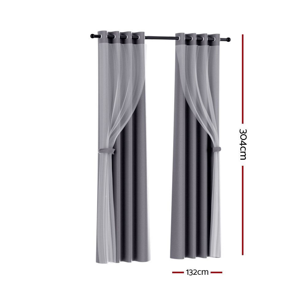Artiss 2X 132x304cm Blockout Sheer Curtains Charcoal - Image 2