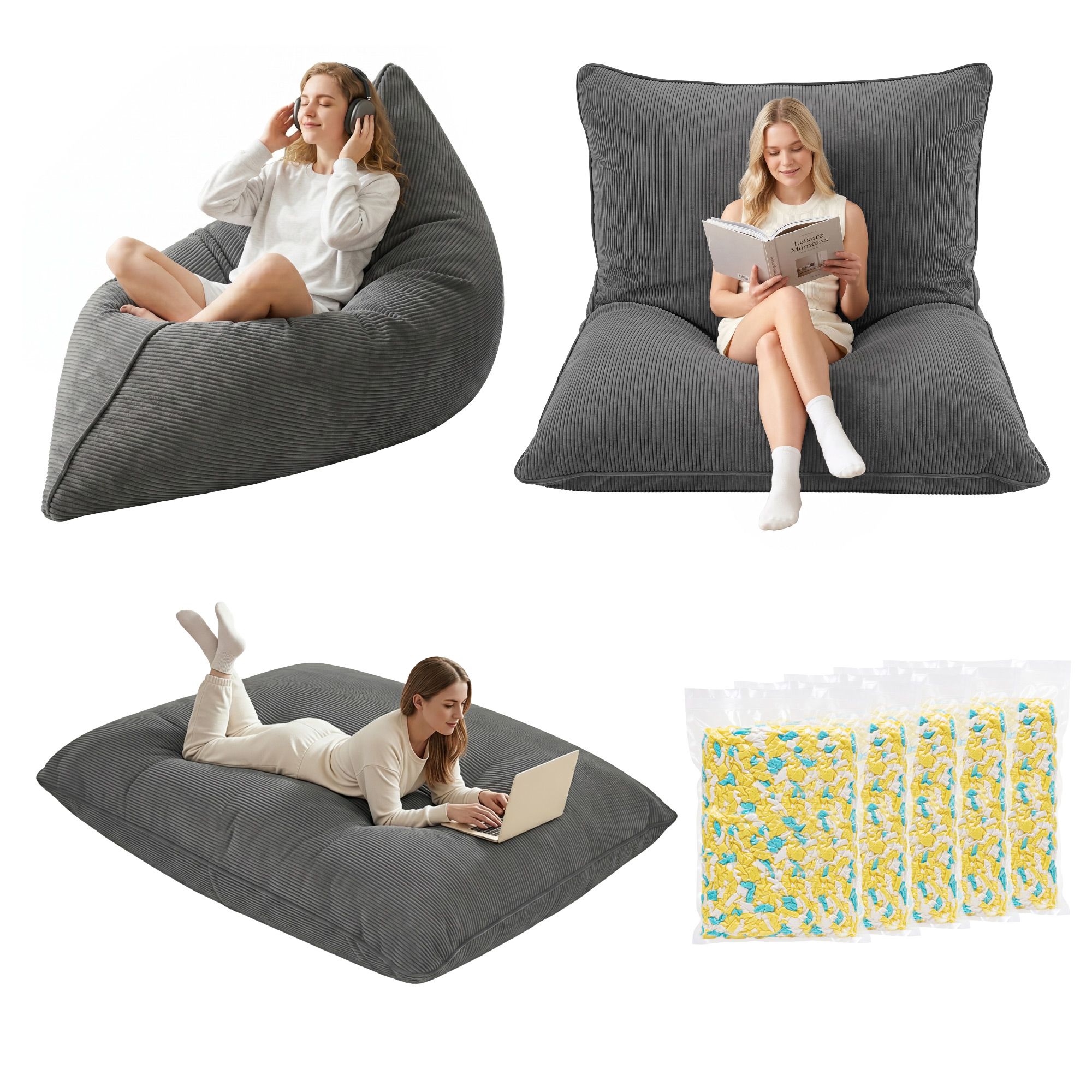Artiss 3 in 1 Bean Bag Chair with Filler Convertible Bean Bag for Adults, Corduroy DIY Stuffed Bean Bag Sofa Washable for Living Room Bedroom, Grey - Image 1