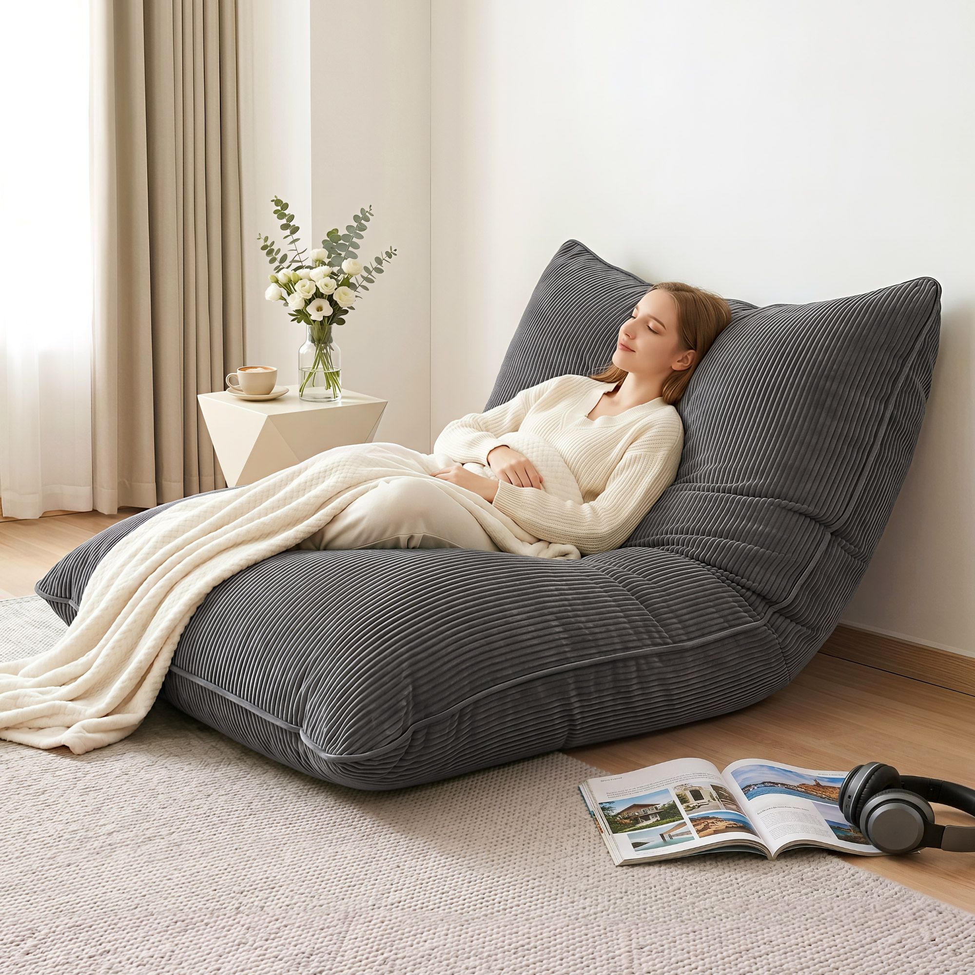 Artiss 3 in 1 Bean Bag Chair with Filler Convertible Bean Bag for Adults, Corduroy DIY Stuffed Bean Bag Sofa Washable for Living Room Bedroom, Grey - Image 8
