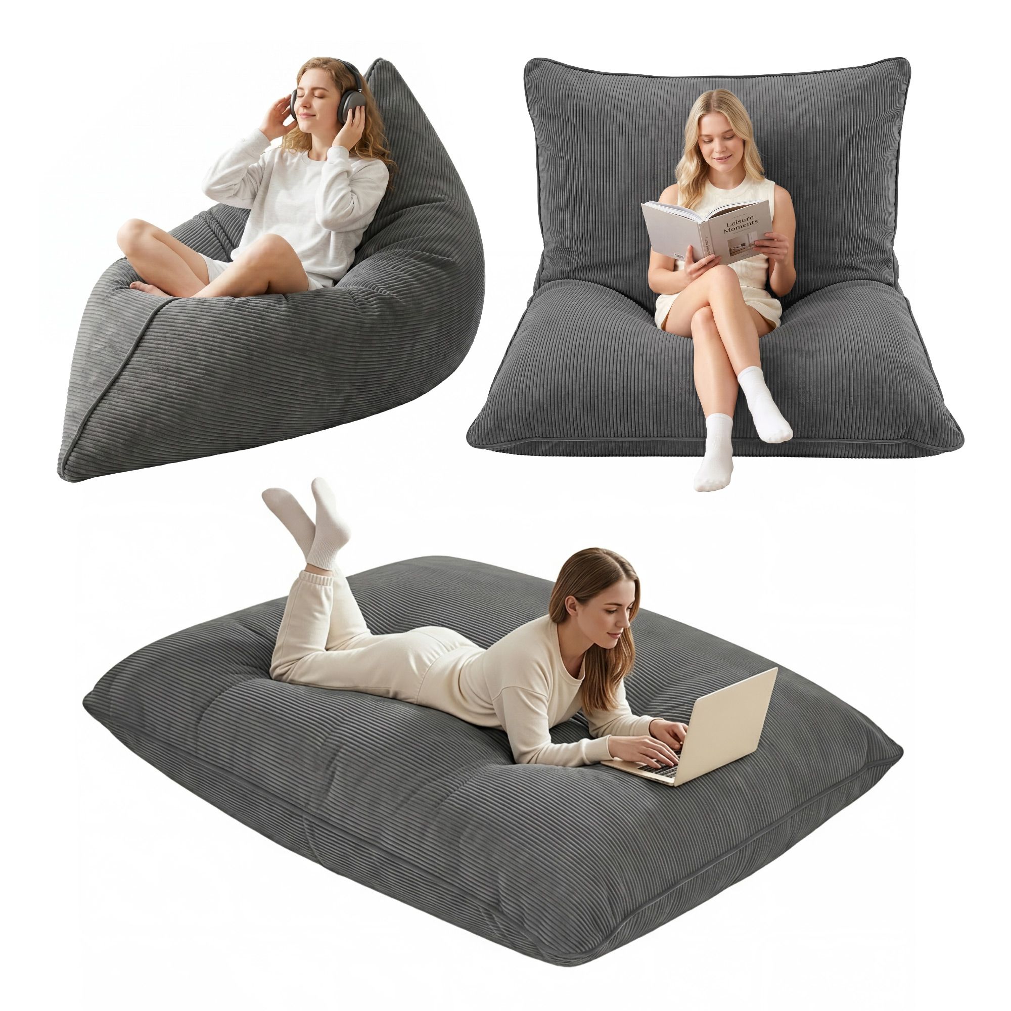 Artiss 3 in 1 Bean Bag Chair Cover (No Filler) Convertible Bean Bag for Adults, Corduroy Stuffed Animal Storage Bean Bag Cover Washable for Living Room Bedroom, Grey - Image 1
