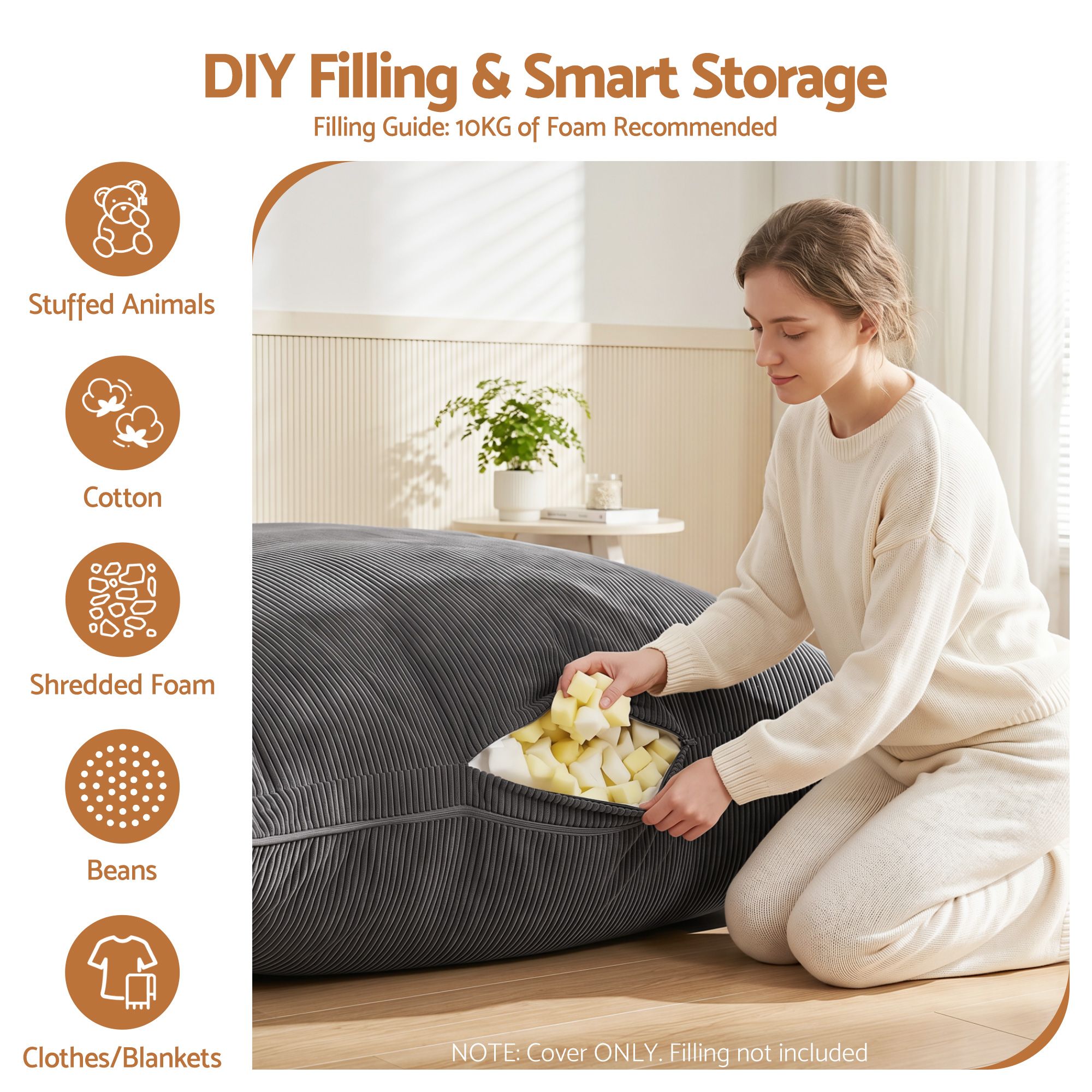 Artiss 3 in 1 Bean Bag Chair Cover (No Filler) Convertible Bean Bag for Adults, Corduroy Stuffed Animal Storage Bean Bag Cover Washable for Living Room Bedroom, Grey - Image 5