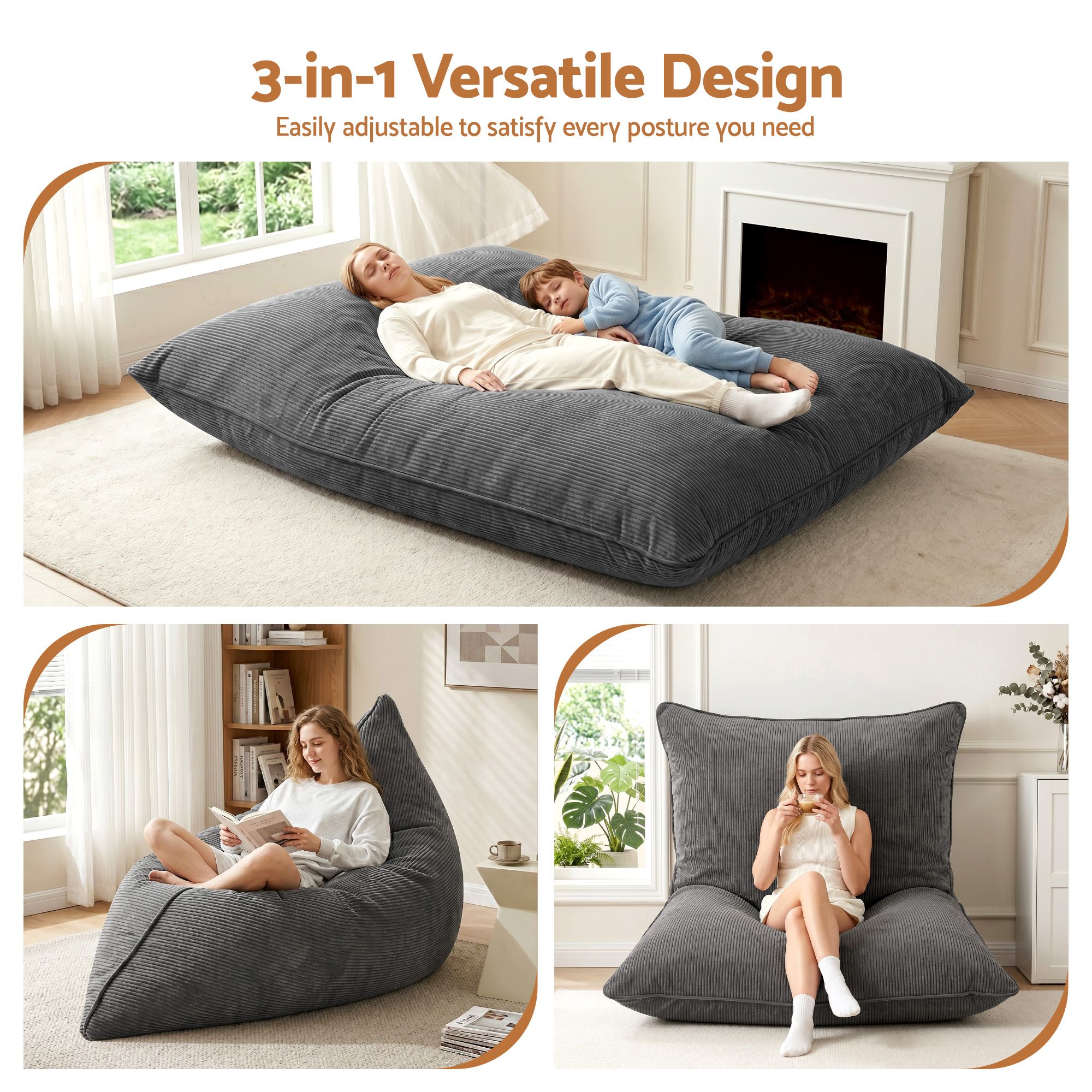 Artiss 3 in 1 Bean Bag Chair Cover (No Filler) Convertible Bean Bag for Adults, Corduroy Stuffed Animal Storage Bean Bag Cover Washable for Living Room Bedroom, Grey - Image 6