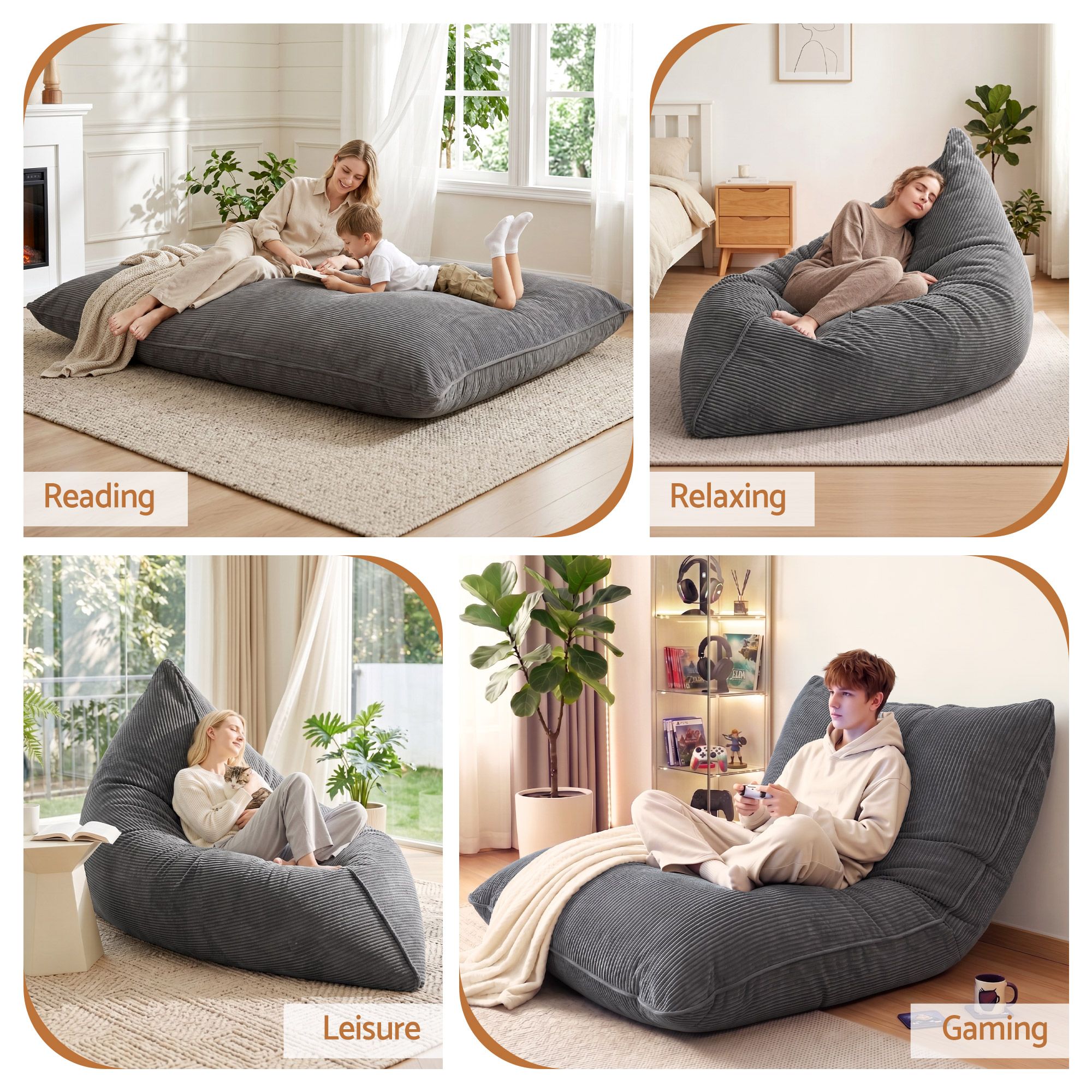 Artiss 3 in 1 Bean Bag Chair Cover (No Filler) Convertible Bean Bag for Adults, Corduroy Stuffed Animal Storage Bean Bag Cover Washable for Living Room Bedroom, Grey - Image 7
