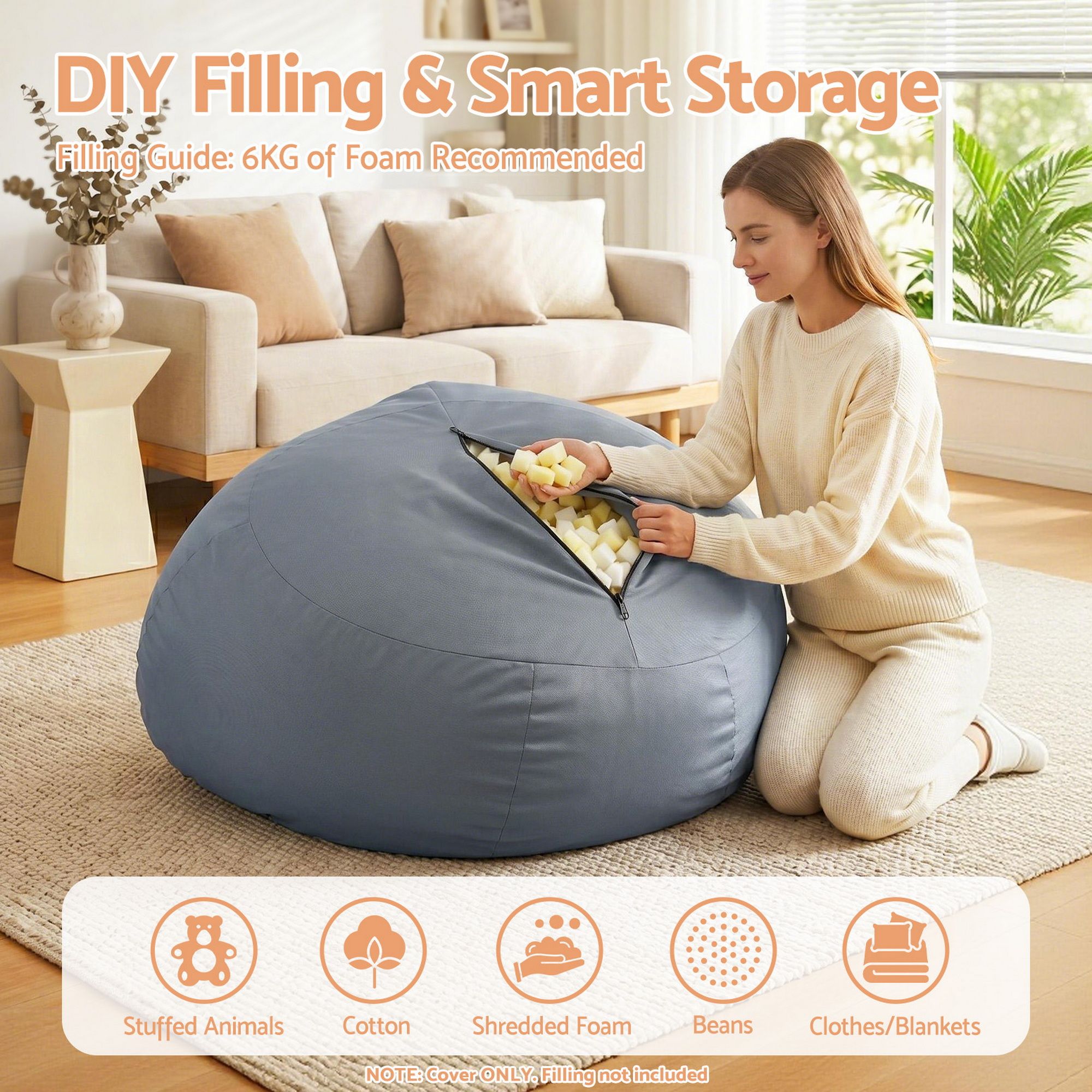 Artiss Outdoor Bean Bag Chair Cover (No Filler) Splash-Proof Beanbag Sofacover for Adults Teens Kids Stuffable Bean Bag Cover for Patio Poolside Relaxing, Grey - Image 5