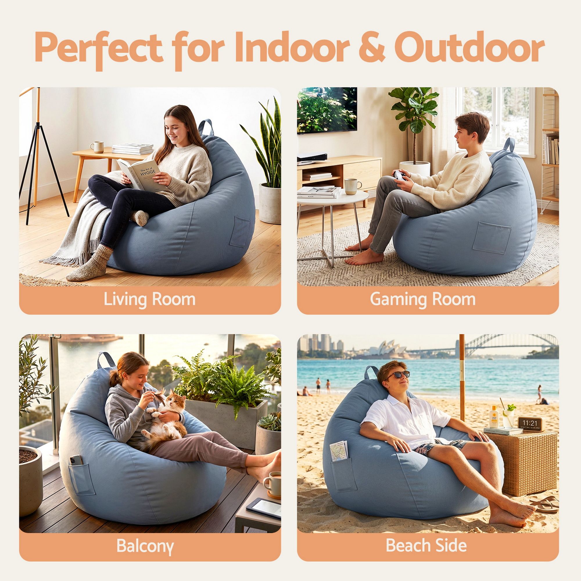 Artiss Outdoor Bean Bag Chair Cover (No Filler) Splash-Proof Beanbag Sofacover for Adults Teens Kids Stuffable Bean Bag Cover for Patio Poolside Relaxing, Grey - Image 7