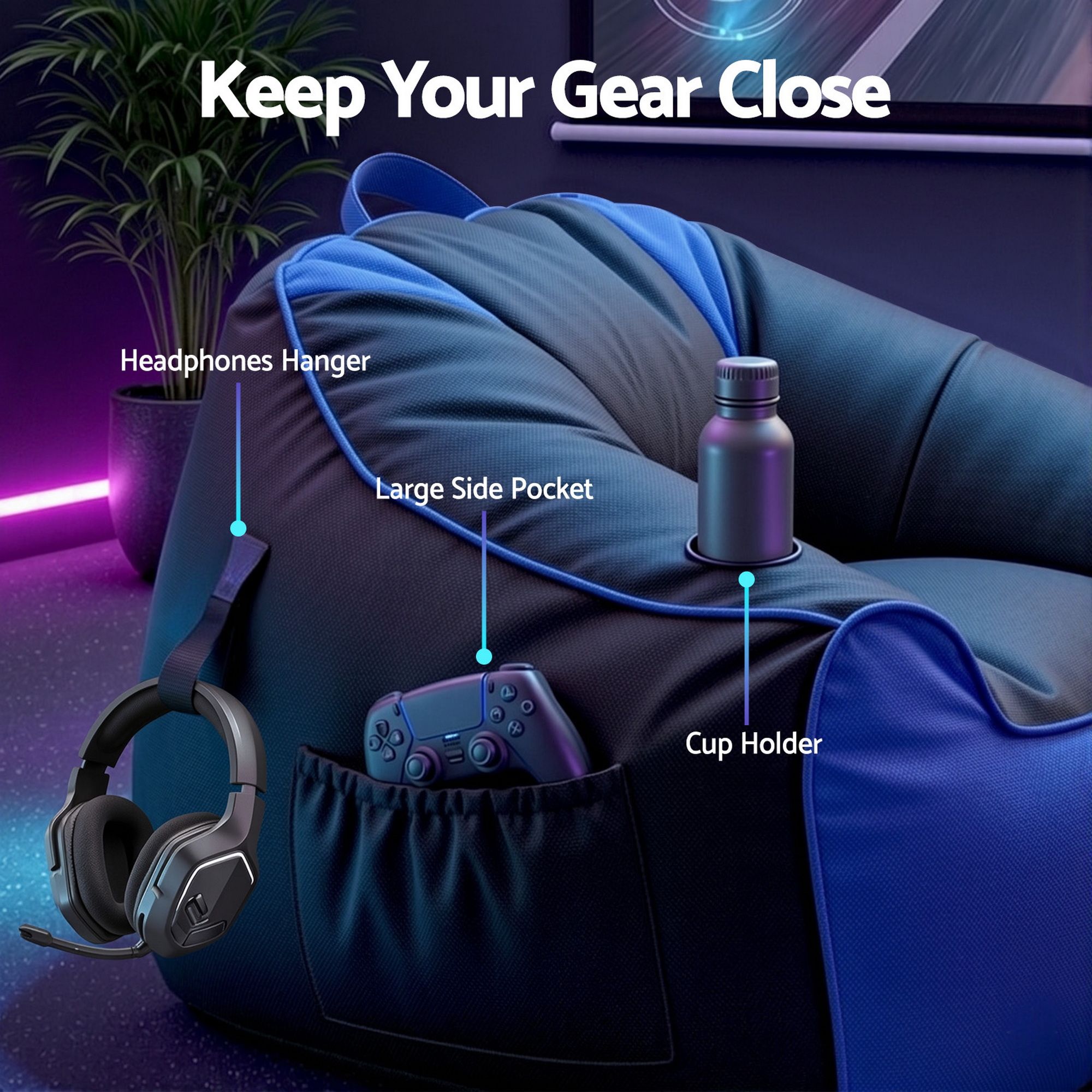 Artiss Gaming Bean Bag Chair Cover (No Filler) for Adults Teens Kids Splash-Proof Floor Gaming Chair Cover with Side Pockets, Headphone Hanger, Cup Holder, Bean Bag Cover Only - Image 7