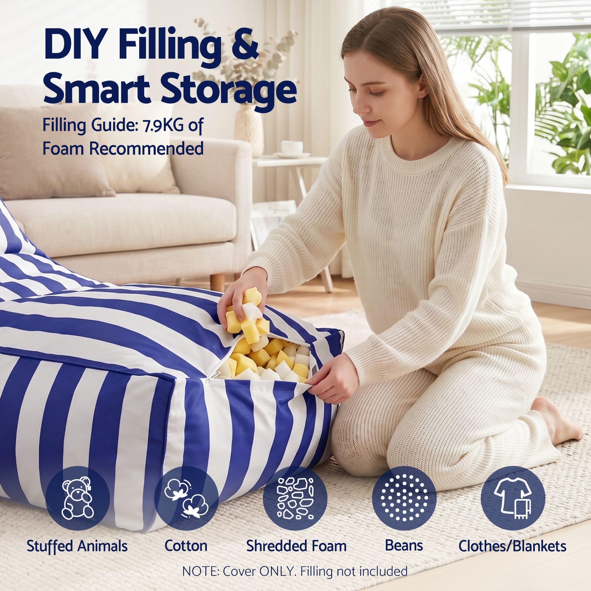 Artiss Outdoor Bean Bag Chair Cover (No Filler) Splash-Proof Beanbag Lounge Sofacover Stuffed Animal Storage Bean Bag Cover for Patio Poolside Relaxing, Blue - Image 5