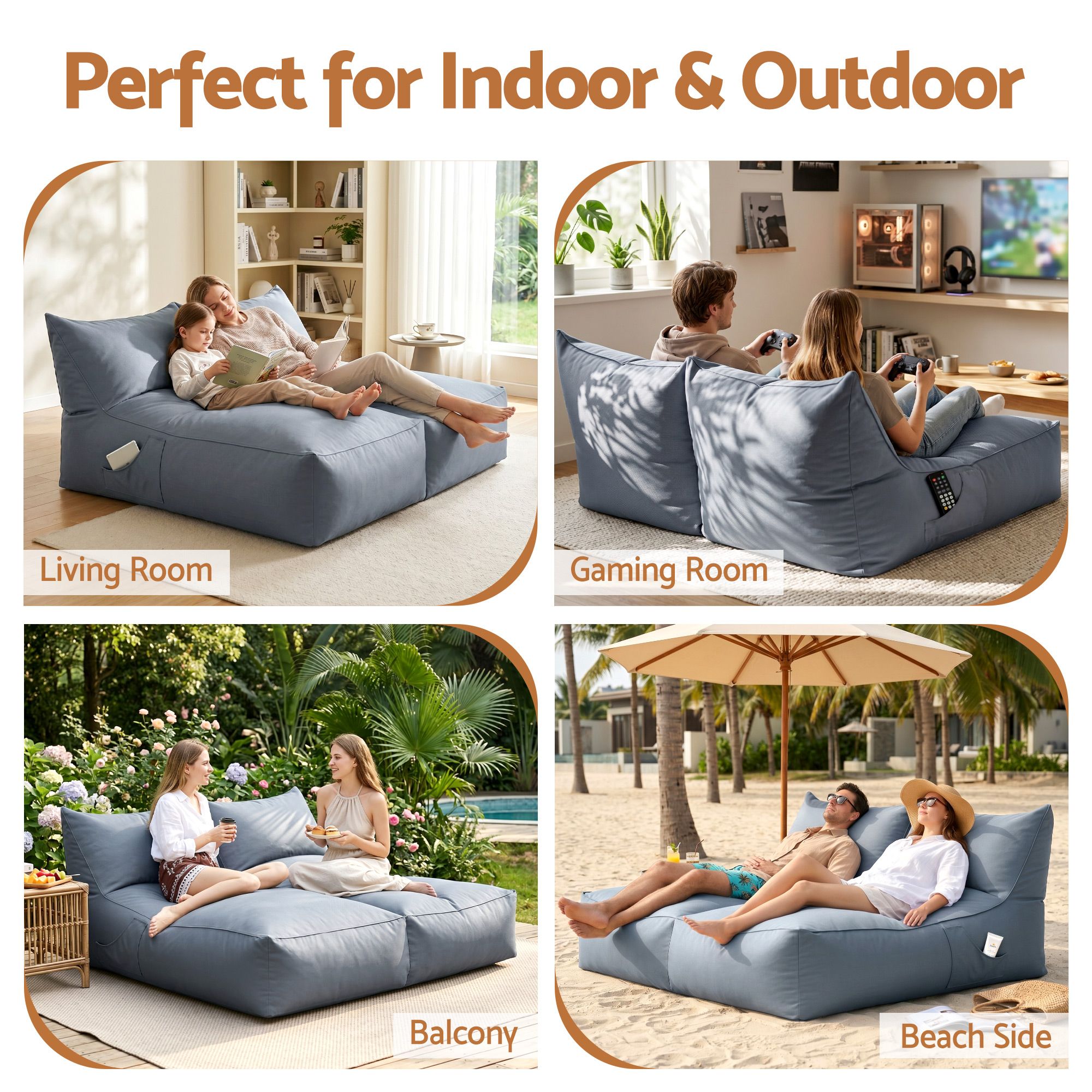 Artiss Outdoor Bean Bag Chair Cover (No Filler) 2 Seater Beanbag Lounge Sofacover Adults Splash-Proof Large Bean Bag Cover for Patio Poolside Relaxing Indoor, Grey - Image 7