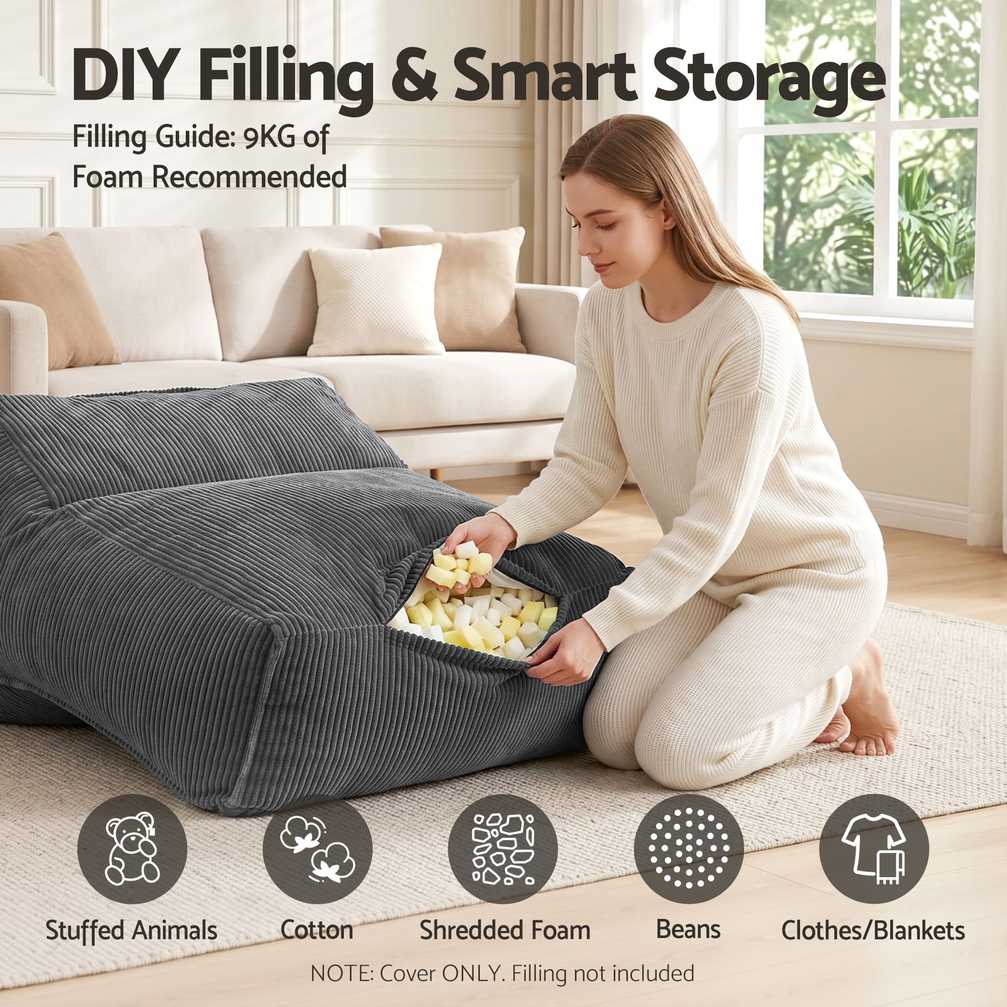 Artiss Bean Bag Chair Cover (No Filler) Soft Corduroy Stuffed Animal Storage Bean Bag Cover for Adults, Washable Lazy Sofa Cover for Living Room Bedroom, Grey - Image 5