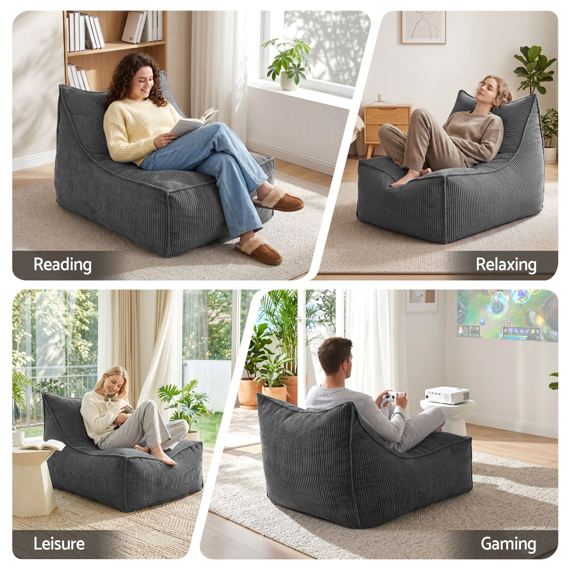 Artiss Bean Bag Chair Cover (No Filler) Soft Corduroy Stuffed Animal Storage Bean Bag Cover for Adults, Washable Lazy Sofa Cover for Living Room Bedroom, Grey - Image 7