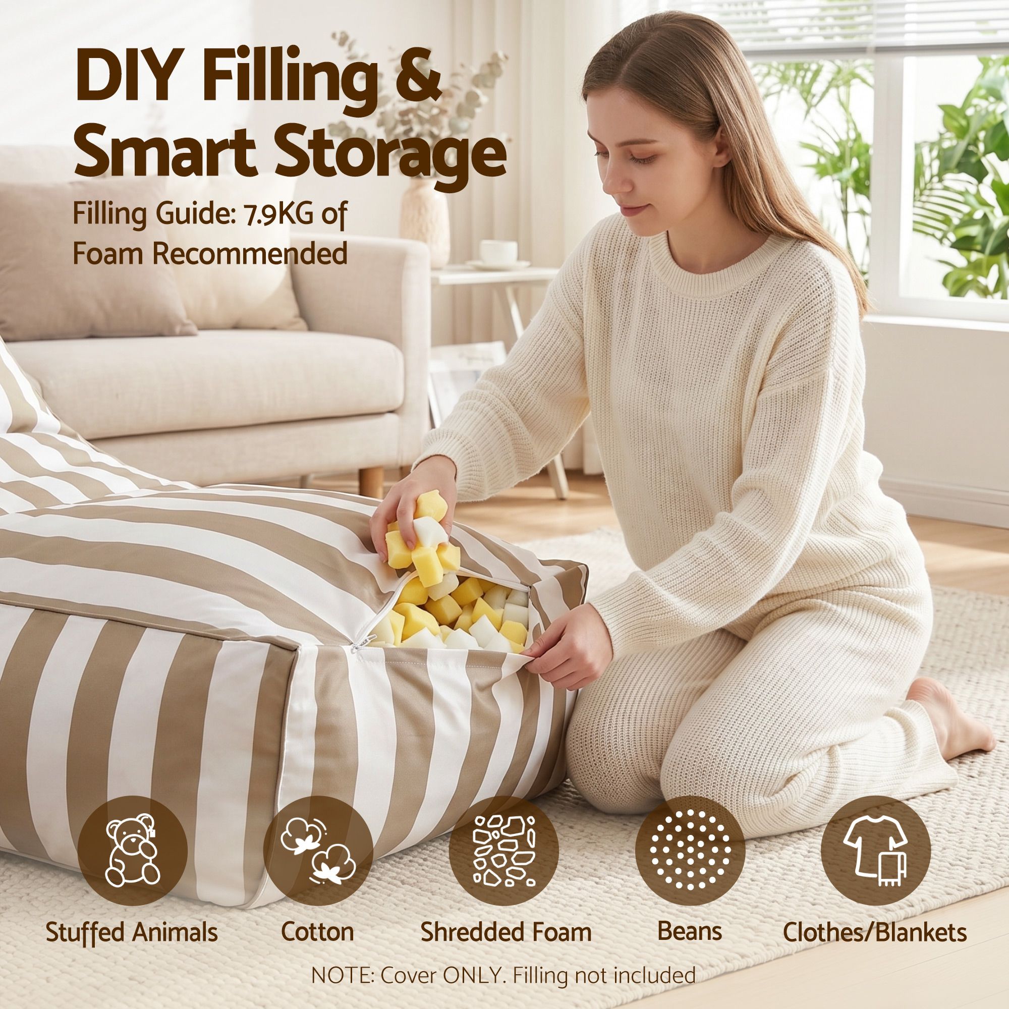 Artiss Outdoor Bean Bag Chair Cover (No Filler) Splash-Proof Beanbag Lounge Sofacover Stuffed Animal Storage Bean Bag Cover for Patio Poolside Relaxing, Taupe - Image 5
