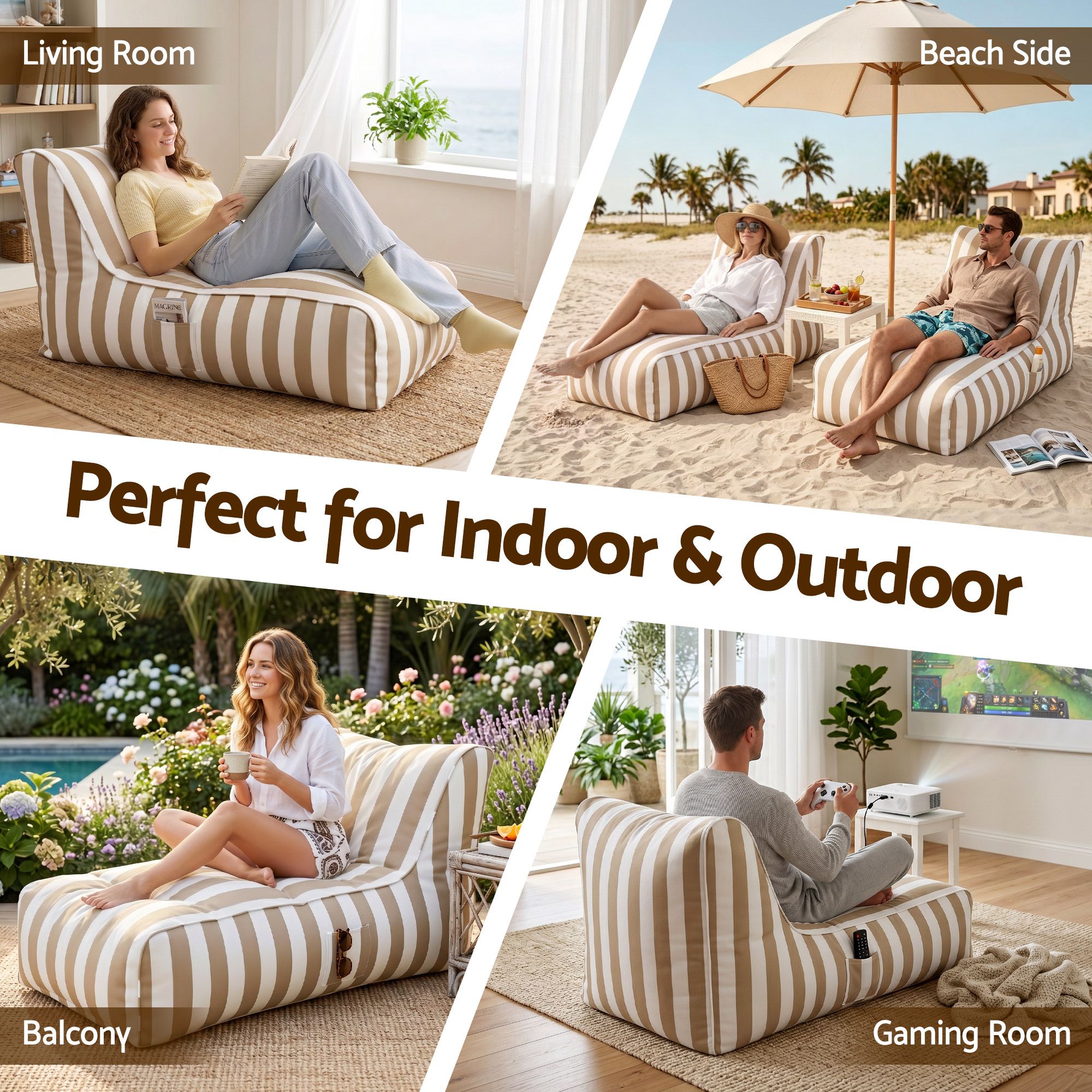 Artiss Outdoor Bean Bag Chair Cover (No Filler) Splash-Proof Beanbag Lounge Sofacover Stuffed Animal Storage Bean Bag Cover for Patio Poolside Relaxing, Taupe - Image 7