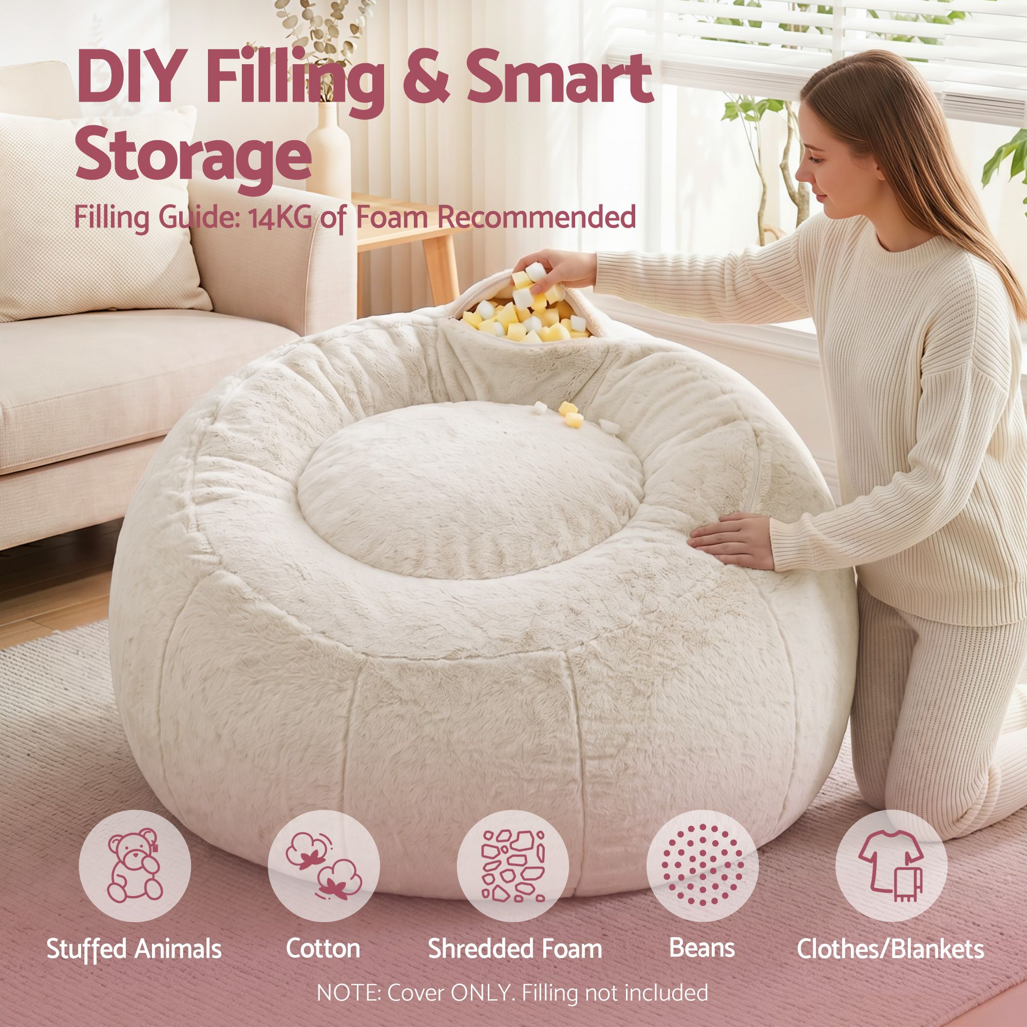 Artiss Bean Bag Chair Cover (No Filler) Soft Faux Fur Beanbag Cover Large Round Stuffed Animal Storage Bean Bag Cover Washable Lazy Sofa Cover for Adults Kids Teens, Beige - Image 5