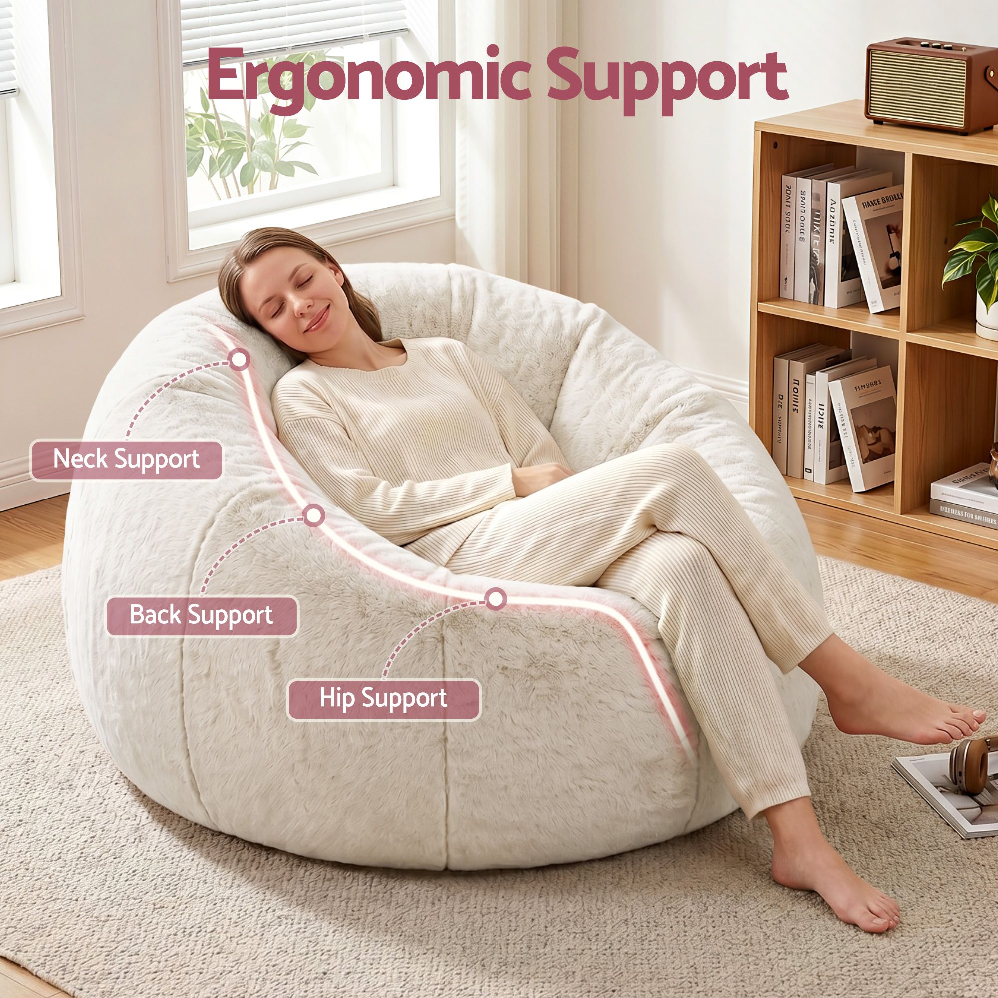 Artiss Bean Bag Chair Cover (No Filler) Soft Faux Fur Beanbag Cover Large Round Stuffed Animal Storage Bean Bag Cover Washable Lazy Sofa Cover for Adults Kids Teens, Beige - Image 6
