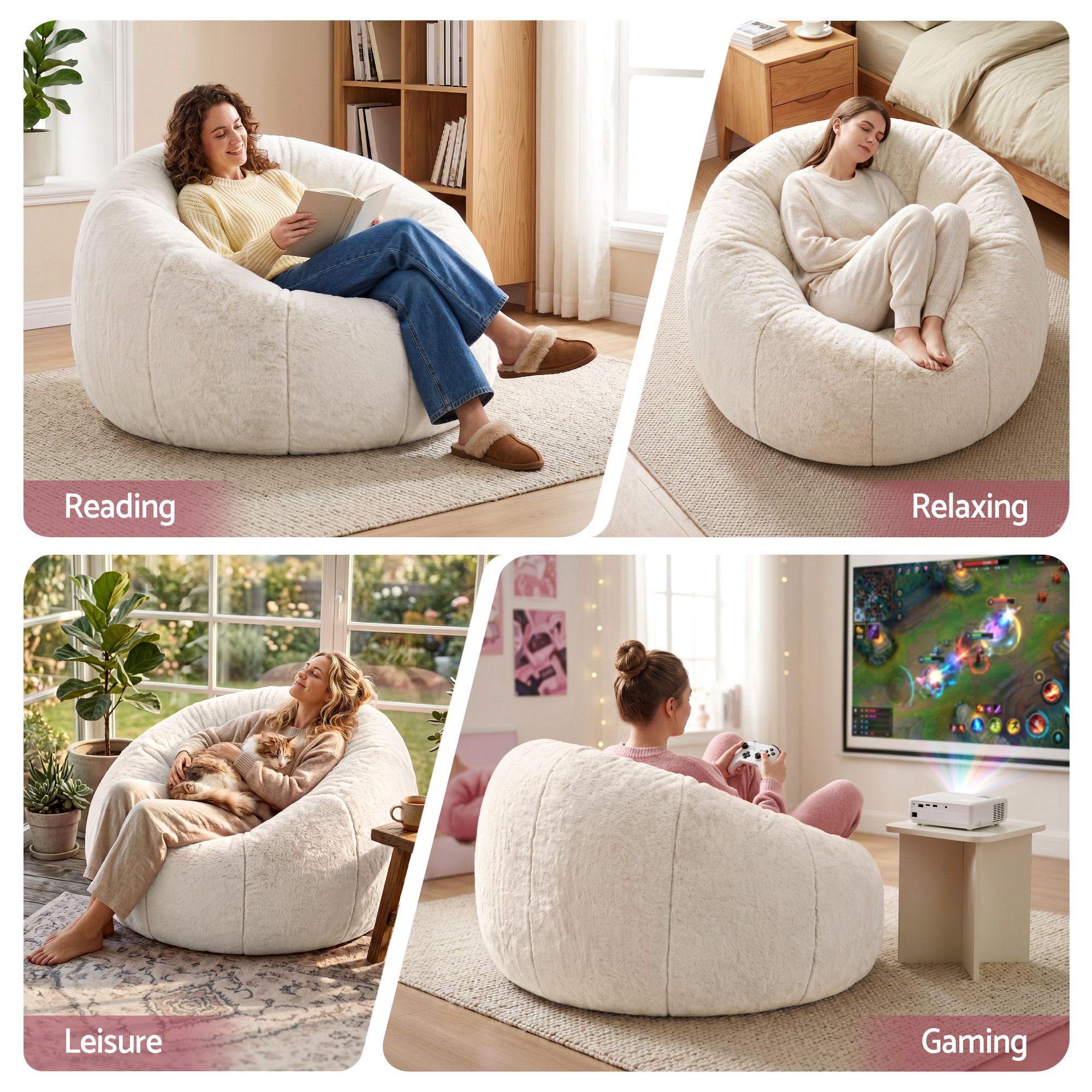 Artiss Bean Bag Chair Cover (No Filler) Soft Faux Fur Beanbag Cover Large Round Stuffed Animal Storage Bean Bag Cover Washable Lazy Sofa Cover for Adults Kids Teens, Beige - Image 7
