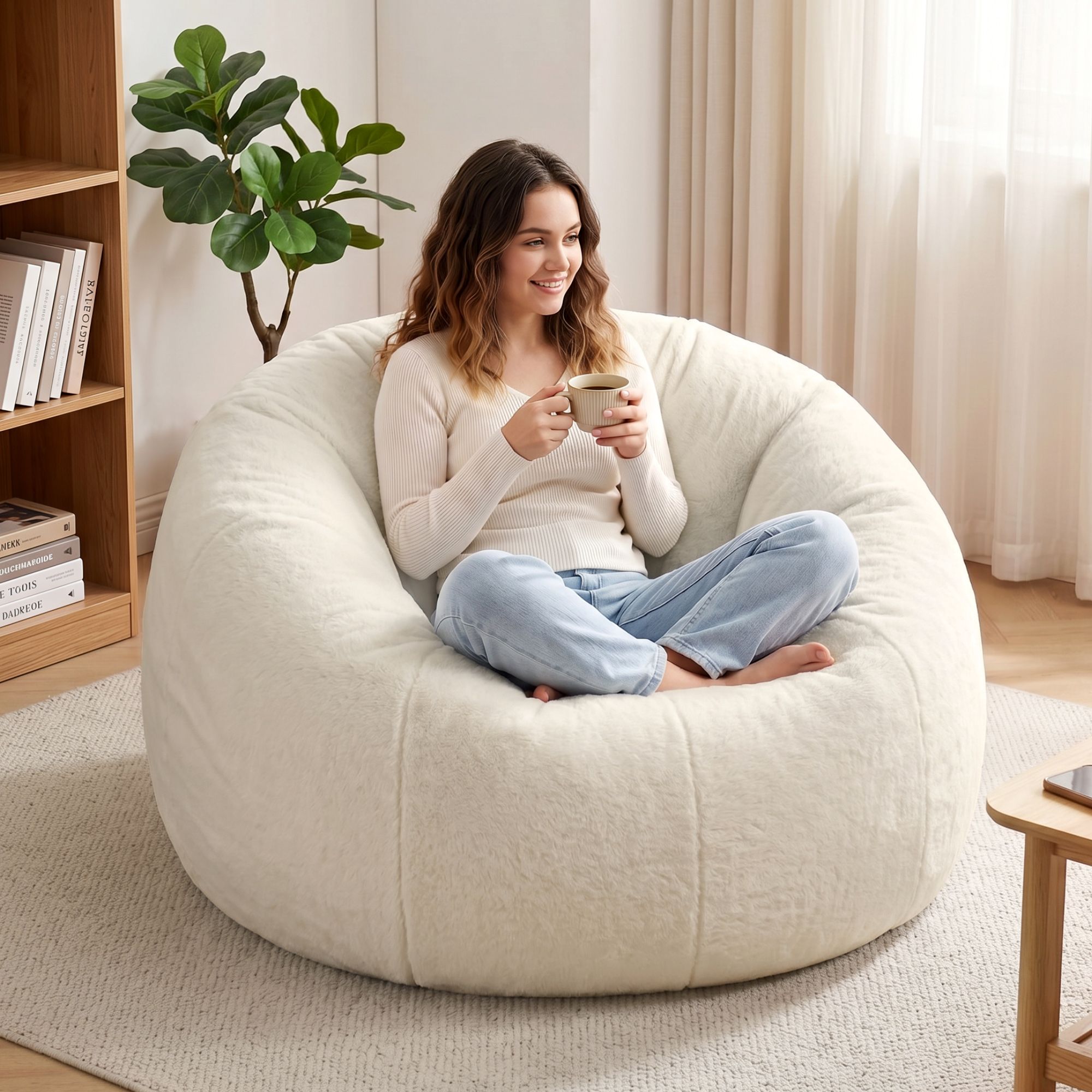 Artiss Bean Bag Chair Cover (No Filler) Soft Faux Fur Beanbag Cover Large Round Stuffed Animal Storage Bean Bag Cover Washable Lazy Sofa Cover for Adults Kids Teens, Beige - Image 8