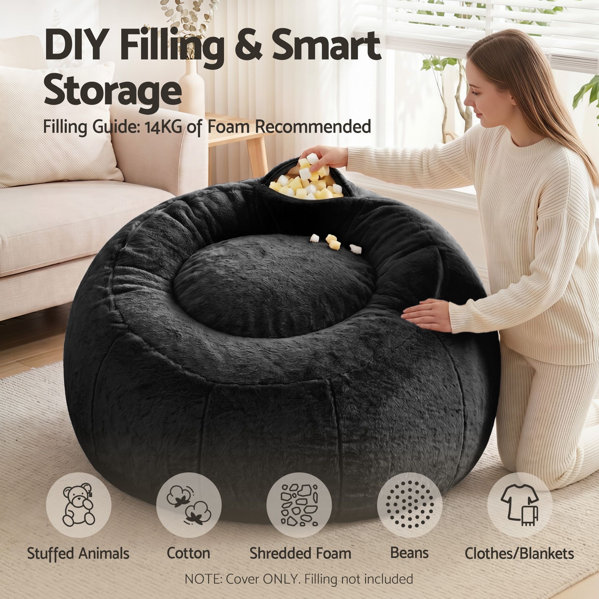 Artiss Bean Bag Chair Cover (No Filler) Soft Faux Fur Beanbag Cover Large Round Stuffed Animal Storage Bean Bag Cover Washable Lazy Sofa Cover for Adults Kids Teens, Black - Image 5