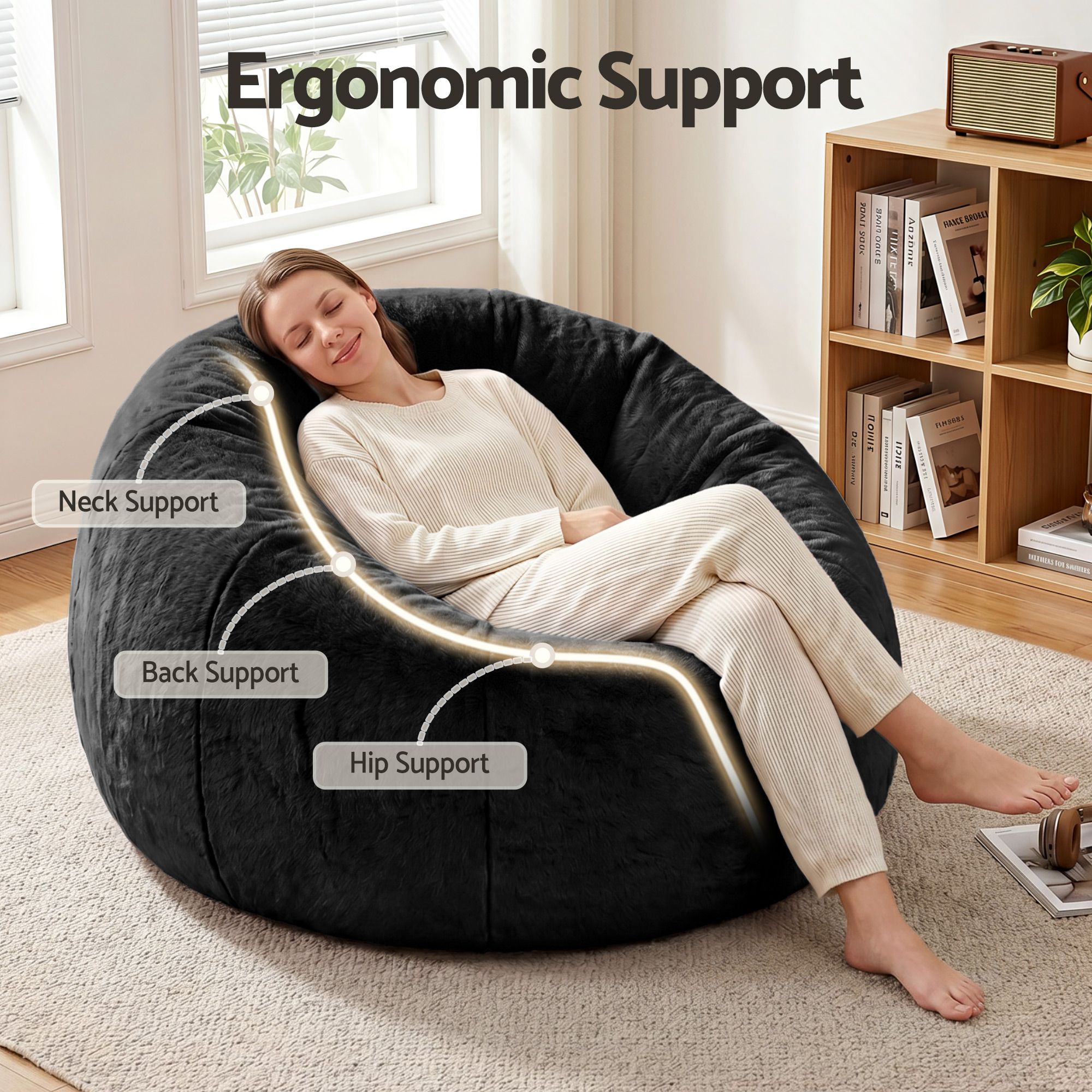 Artiss Bean Bag Chair Cover (No Filler) Soft Faux Fur Beanbag Cover Large Round Stuffed Animal Storage Bean Bag Cover Washable Lazy Sofa Cover for Adults Kids Teens, Black - Image 6
