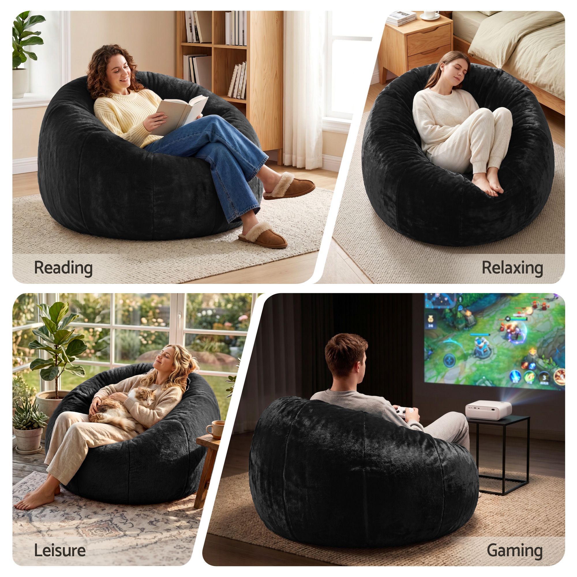 Artiss Bean Bag Chair Cover (No Filler) Soft Faux Fur Beanbag Cover Large Round Stuffed Animal Storage Bean Bag Cover Washable Lazy Sofa Cover for Adults Kids Teens, Black - Image 7