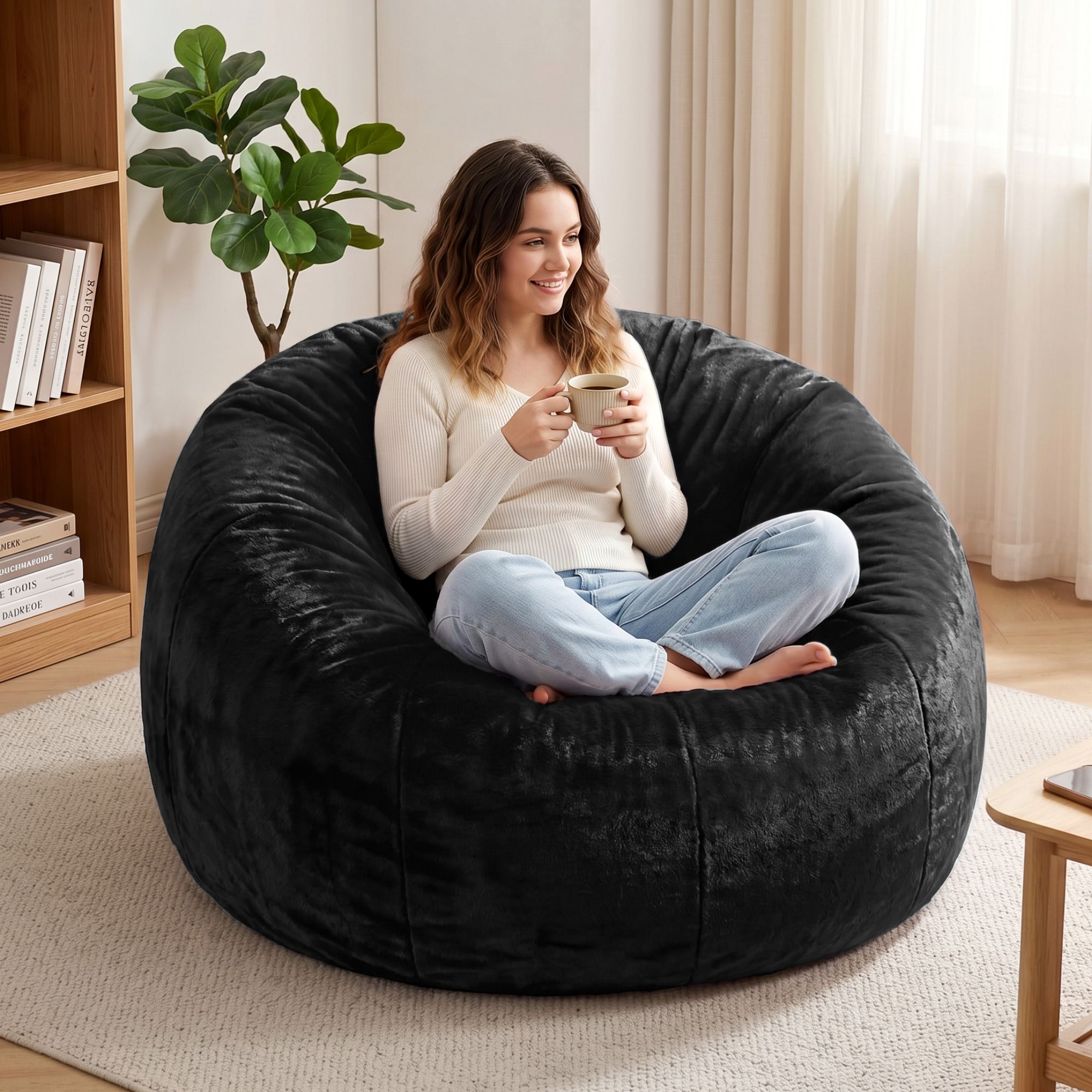 Artiss Bean Bag Chair Cover (No Filler) Soft Faux Fur Beanbag Cover Large Round Stuffed Animal Storage Bean Bag Cover Washable Lazy Sofa Cover for Adults Kids Teens, Black - Image 8