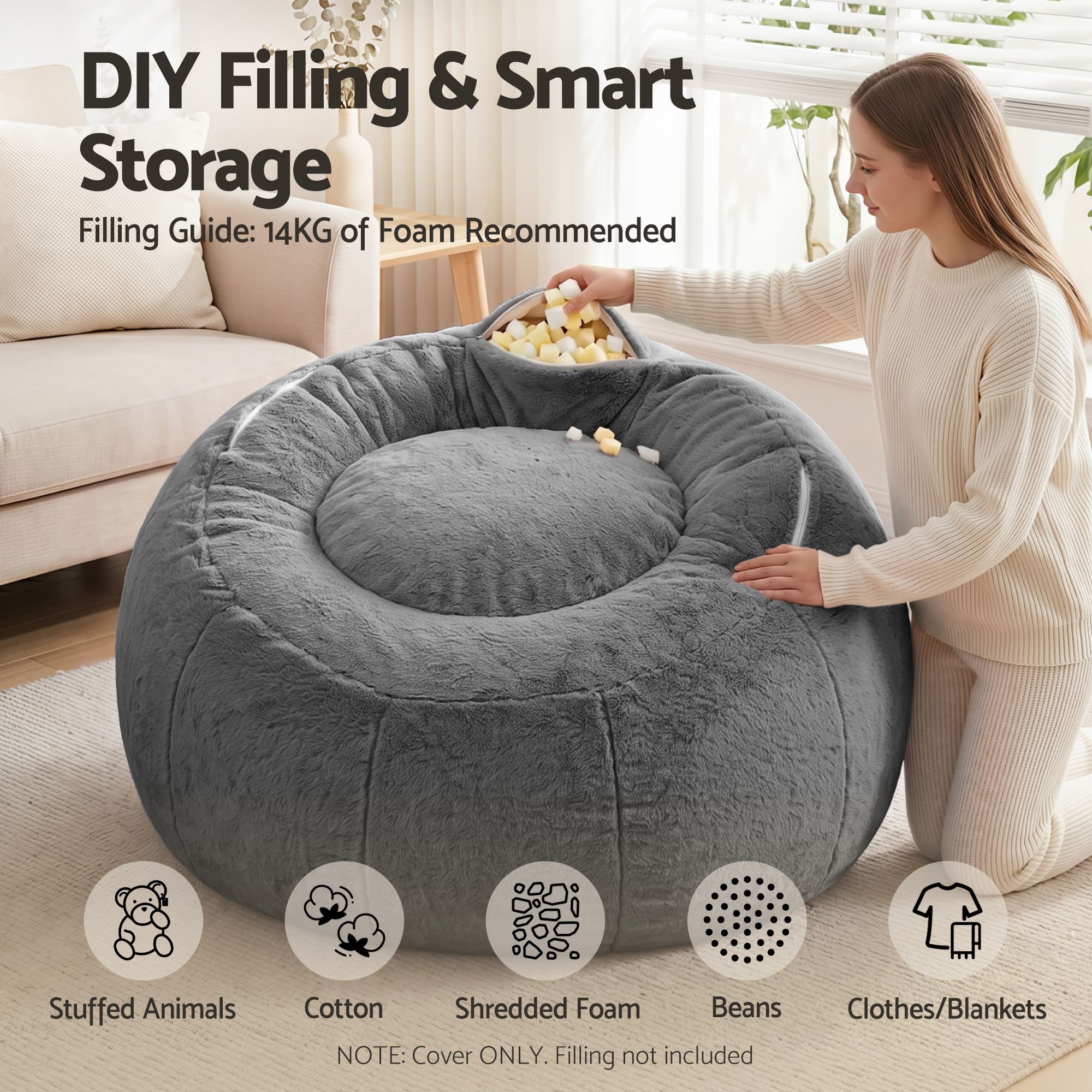 Artiss Bean Bag Chair Cover (No Filler) Soft Faux Fur Beanbag Cover Large Round Stuffed Animal Storage Bean Bag Cover Washable Lazy Sofa Cover for Adults Kids Teens, Grey - Image 5