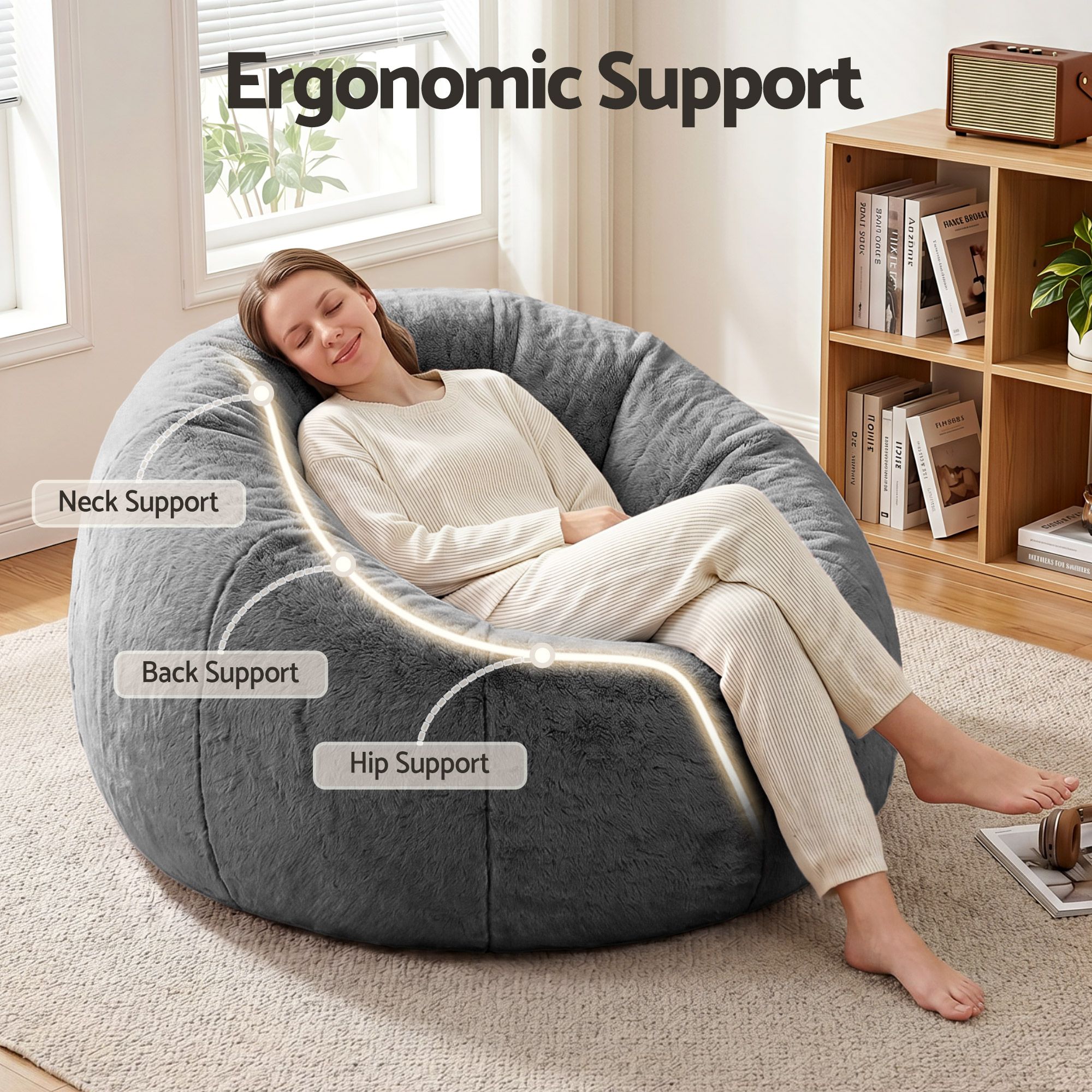 Artiss Bean Bag Chair Cover (No Filler) Soft Faux Fur Beanbag Cover Large Round Stuffed Animal Storage Bean Bag Cover Washable Lazy Sofa Cover for Adults Kids Teens, Grey - Image 6