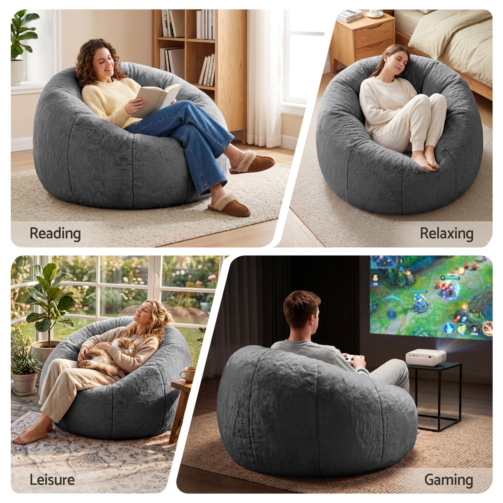 Artiss Bean Bag Chair Cover (No Filler) Soft Faux Fur Beanbag Cover Large Round Stuffed Animal Storage Bean Bag Cover Washable Lazy Sofa Cover for Adults Kids Teens, Grey - Image 7