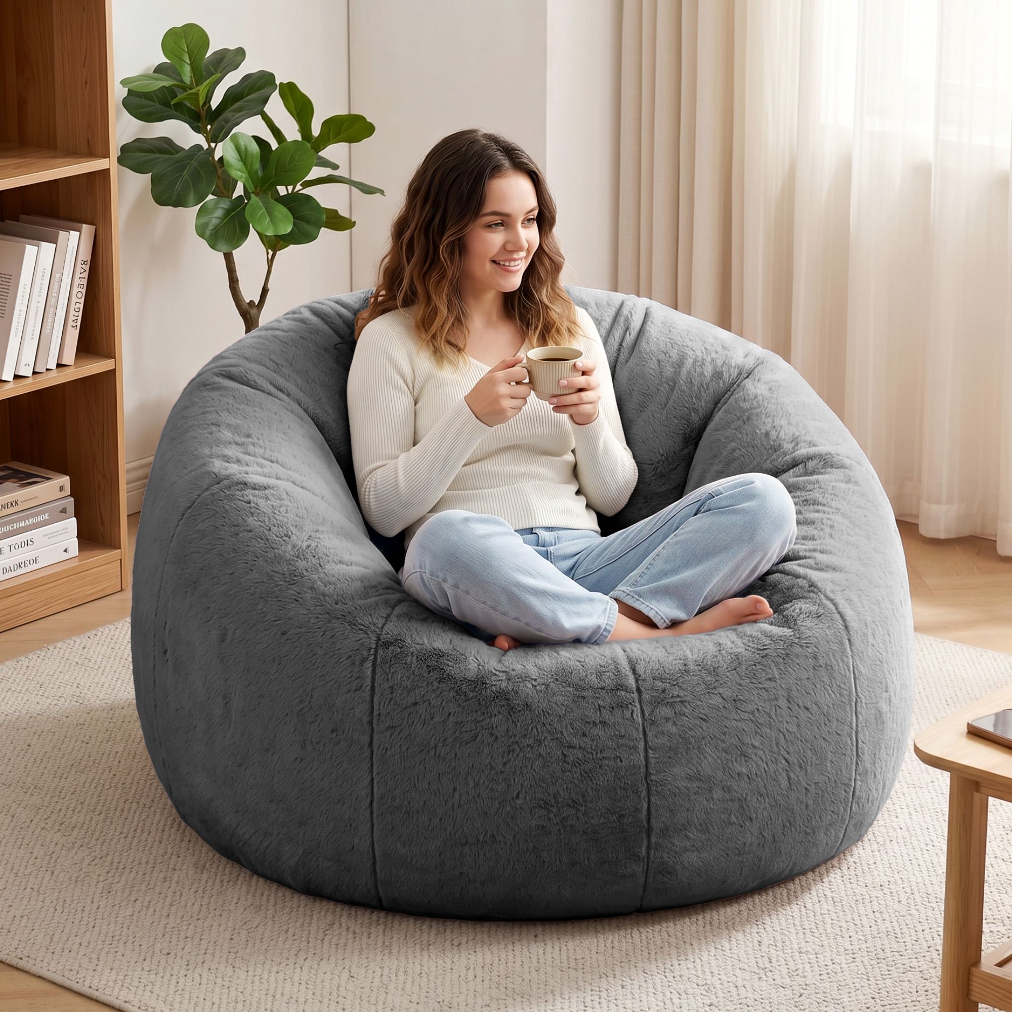 Artiss Bean Bag Chair Cover (No Filler) Soft Faux Fur Beanbag Cover Large Round Stuffed Animal Storage Bean Bag Cover Washable Lazy Sofa Cover for Adults Kids Teens, Grey - Image 8
