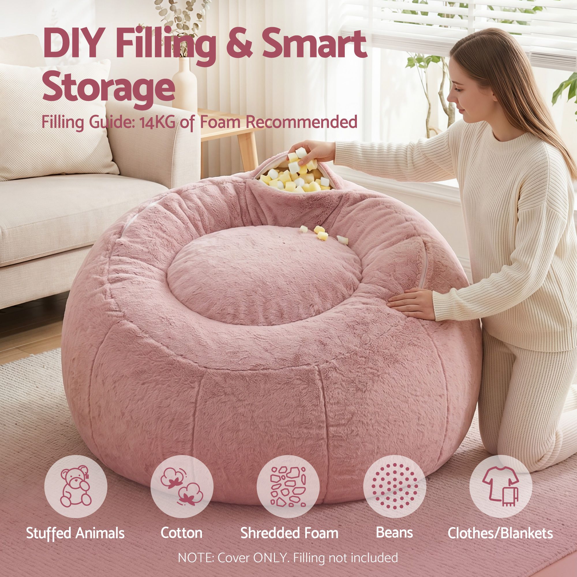 Artiss Bean Bag Chair Cover (No Filler) Soft Faux Fur Beanbag Cover Large Round Stuffed Animal Storage Bean Bag Cover Washable Lazy Sofa Cover for Adults Kids Teens, Pink - Image 5