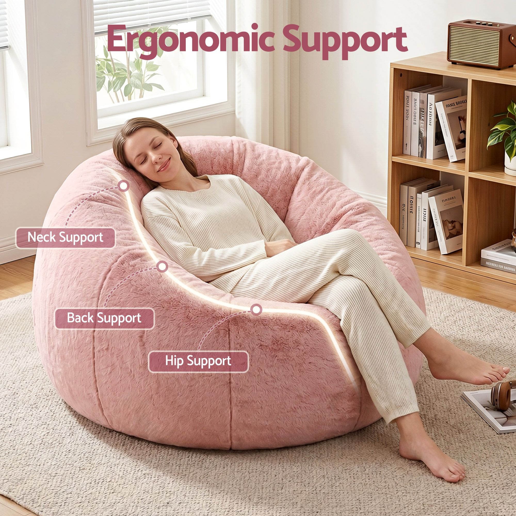 Artiss Bean Bag Chair Cover (No Filler) Soft Faux Fur Beanbag Cover Large Round Stuffed Animal Storage Bean Bag Cover Washable Lazy Sofa Cover for Adults Kids Teens, Pink - Image 6