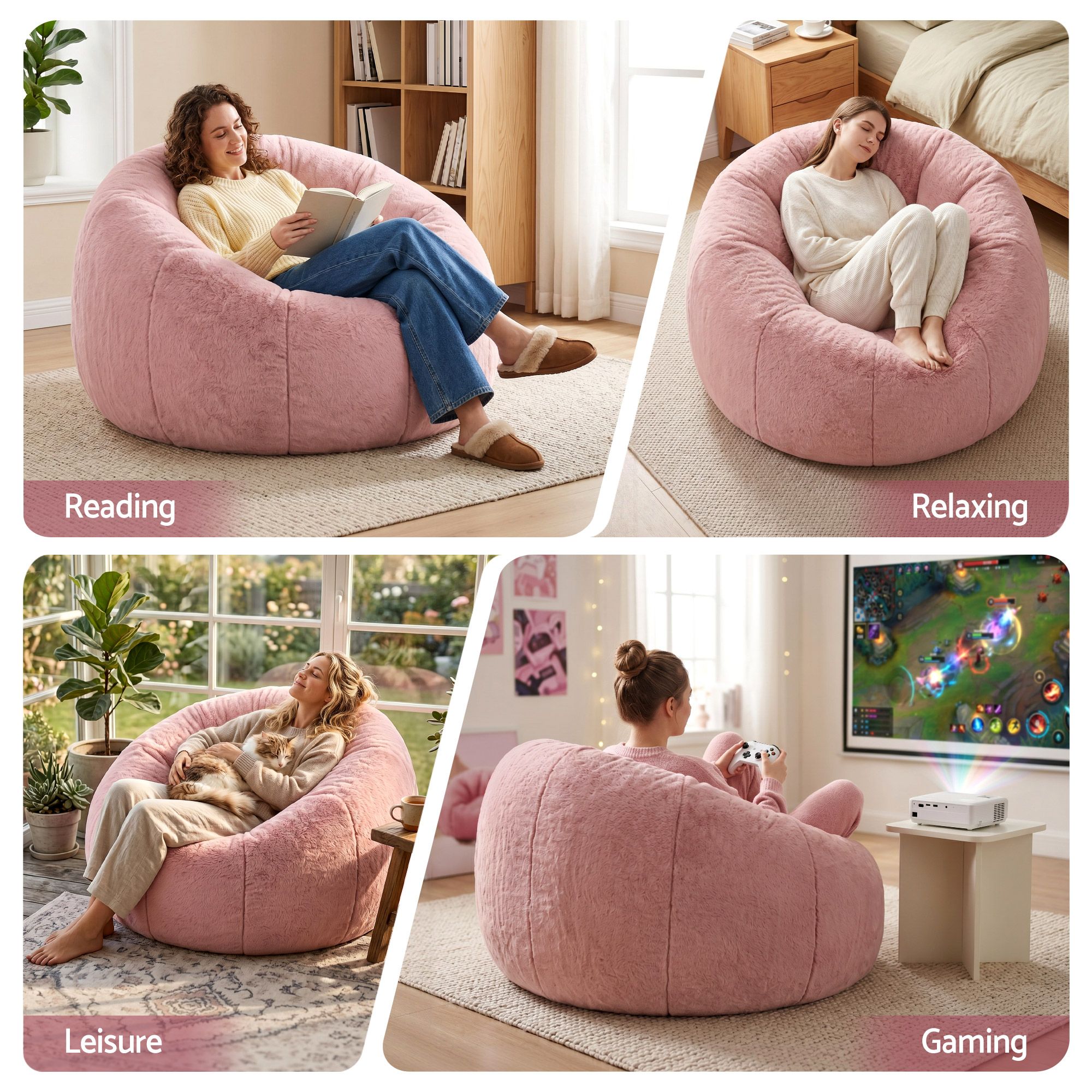 Artiss Bean Bag Chair Cover (No Filler) Soft Faux Fur Beanbag Cover Large Round Stuffed Animal Storage Bean Bag Cover Washable Lazy Sofa Cover for Adults Kids Teens, Pink - Image 7