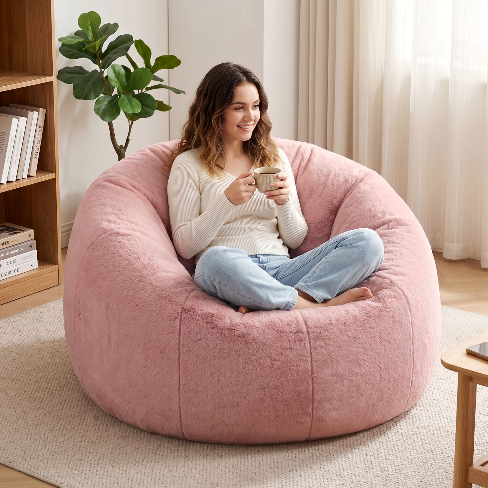 Artiss Bean Bag Chair Cover (No Filler) Soft Faux Fur Beanbag Cover Large Round Stuffed Animal Storage Bean Bag Cover Washable Lazy Sofa Cover for Adults Kids Teens, Pink - Image 8