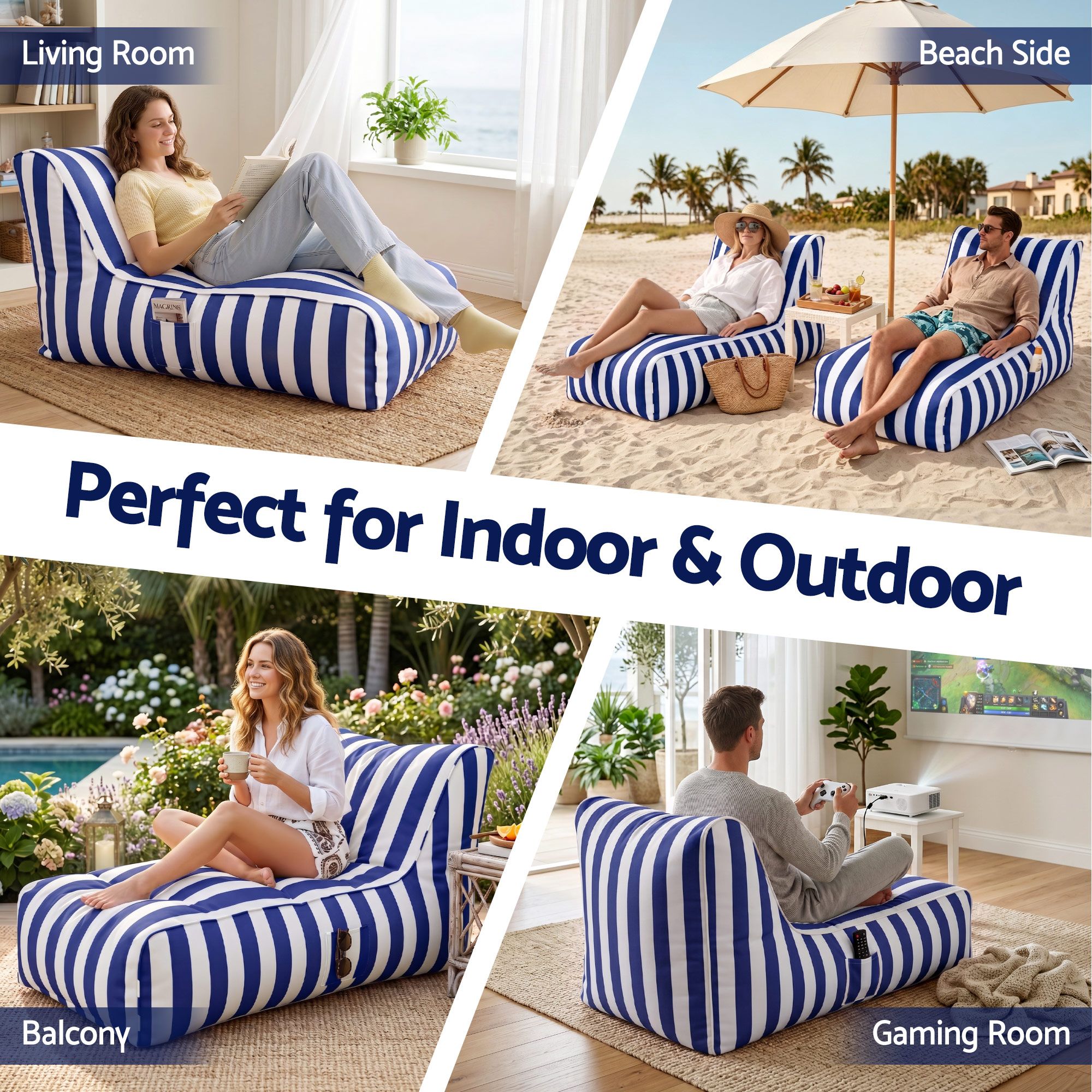 Artiss Outdoor Bean Bag Chair with Filler Splash-Proof Beanbag Lounge DIY Stuffed Animal Storage Bean Bag Washable for Patio Poolside Relaxing, Blue - Image 6