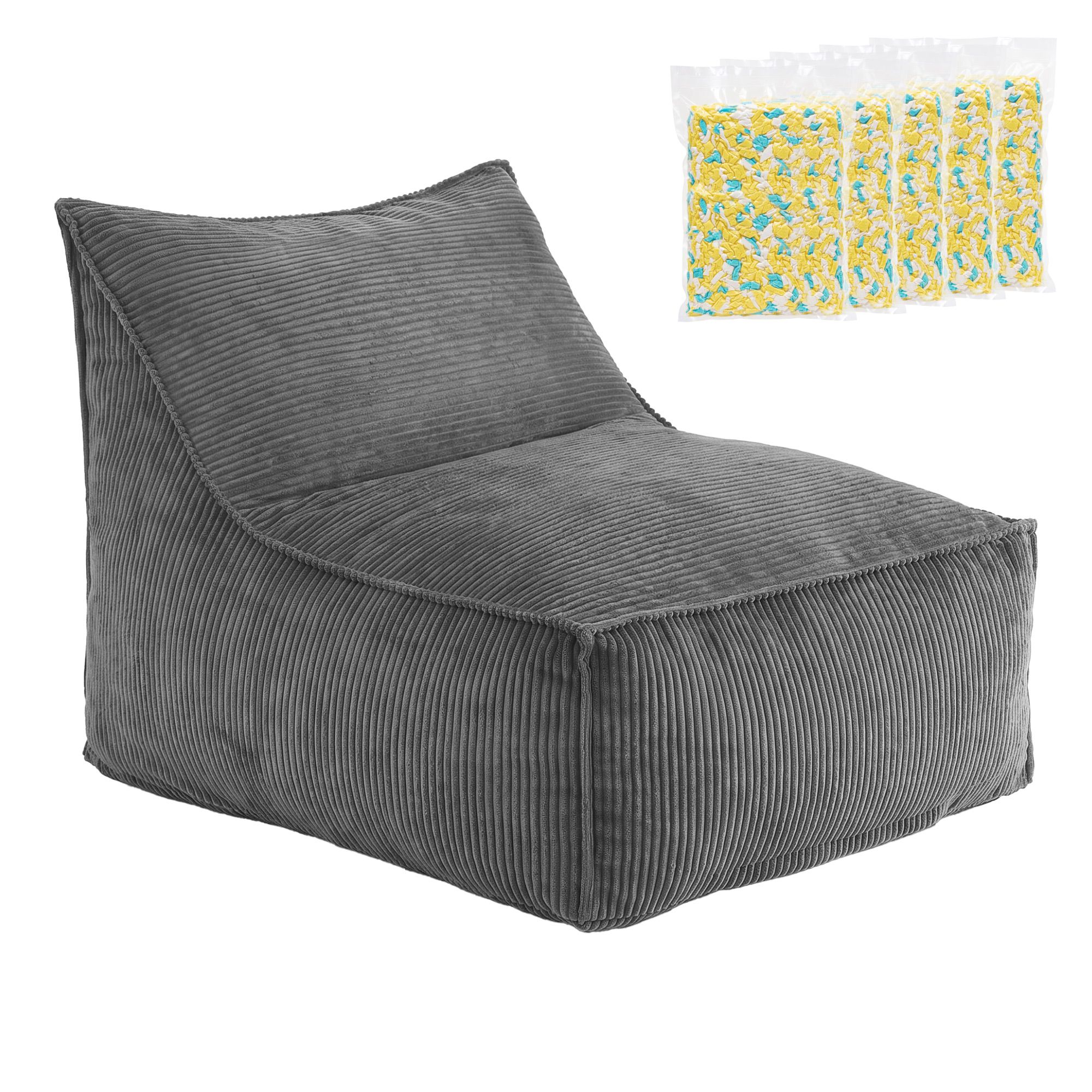 Artiss Bean Bag Chair Cover with Filler Soft Corduroy DIY Stuffed Animal Storage Bean Bag for Adults, Washable Lazy Sofa for Living Room Bedroom, Grey - Image 1