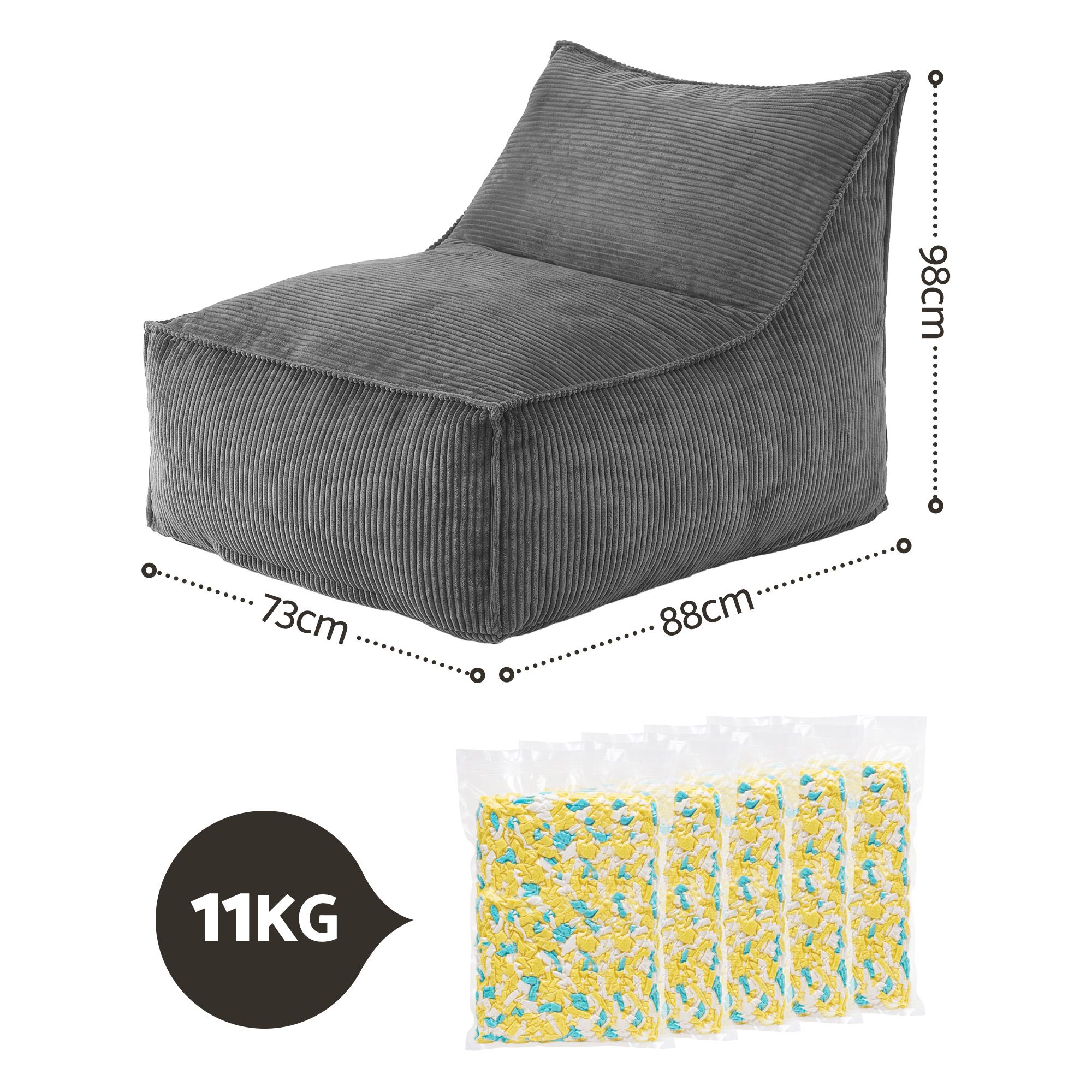 Artiss Bean Bag Chair Cover with Filler Soft Corduroy DIY Stuffed Animal Storage Bean Bag for Adults, Washable Lazy Sofa for Living Room Bedroom, Grey - Image 2