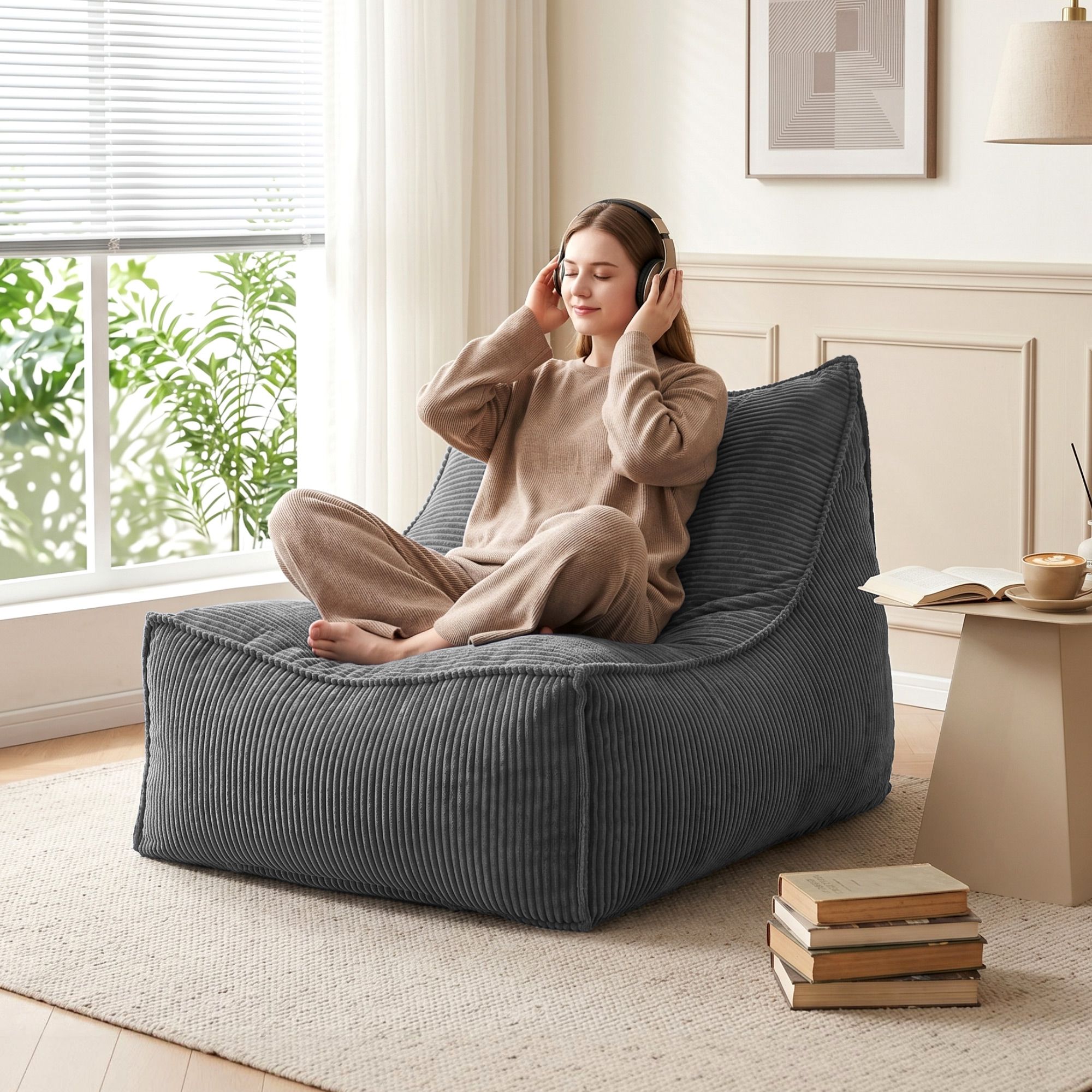 Artiss Bean Bag Chair Cover with Filler Soft Corduroy DIY Stuffed Animal Storage Bean Bag for Adults, Washable Lazy Sofa for Living Room Bedroom, Grey - Image 8