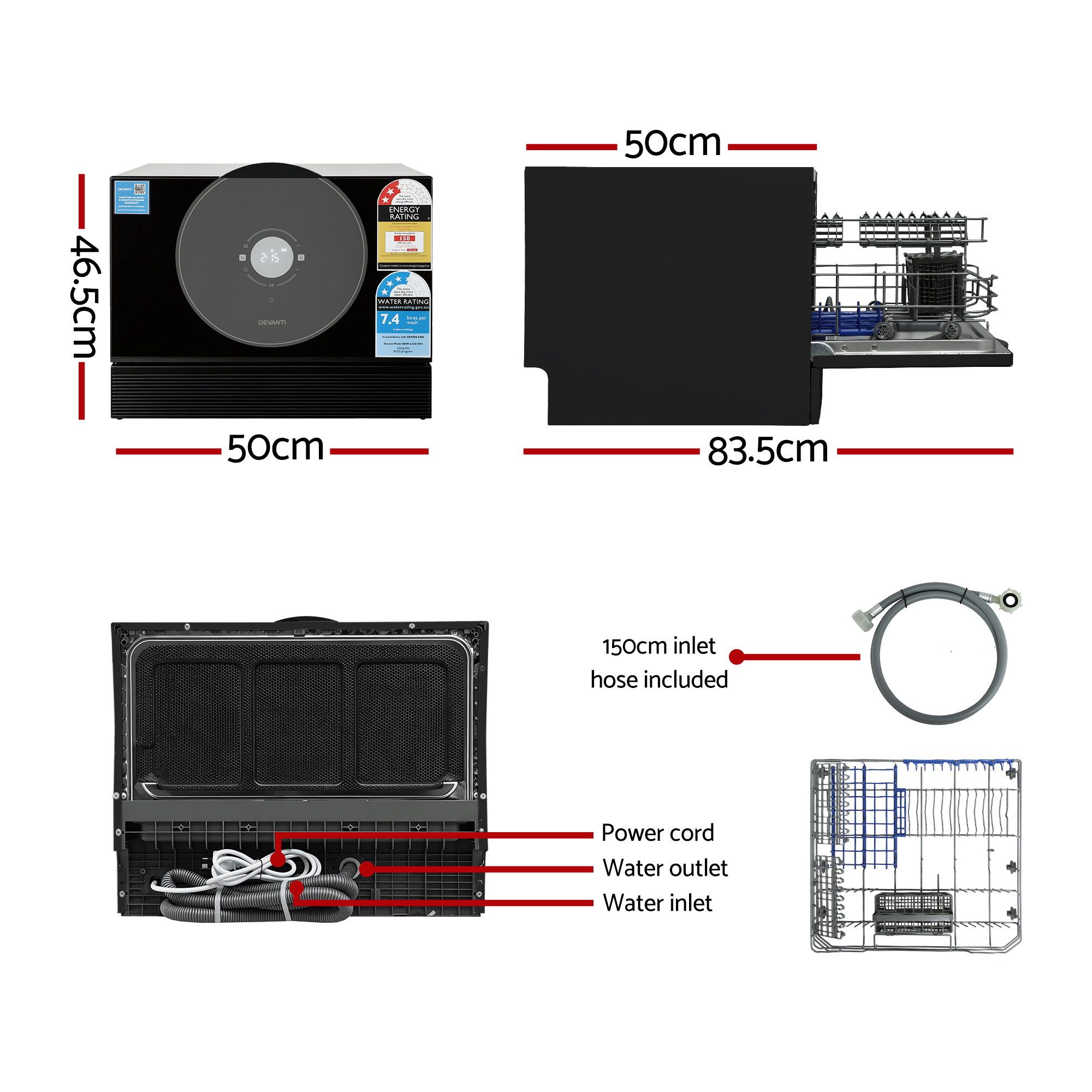 Devanti 6-Place Setting Benchtop Dishwasher 50cm Black - Image 2