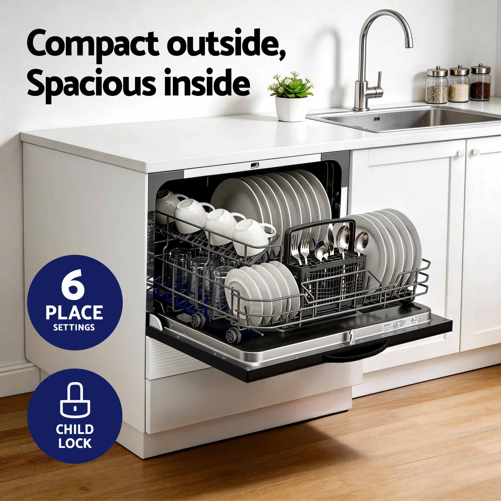 Devanti 6-Place Setting Benchtop Dishwasher 50cm Black - Image 4