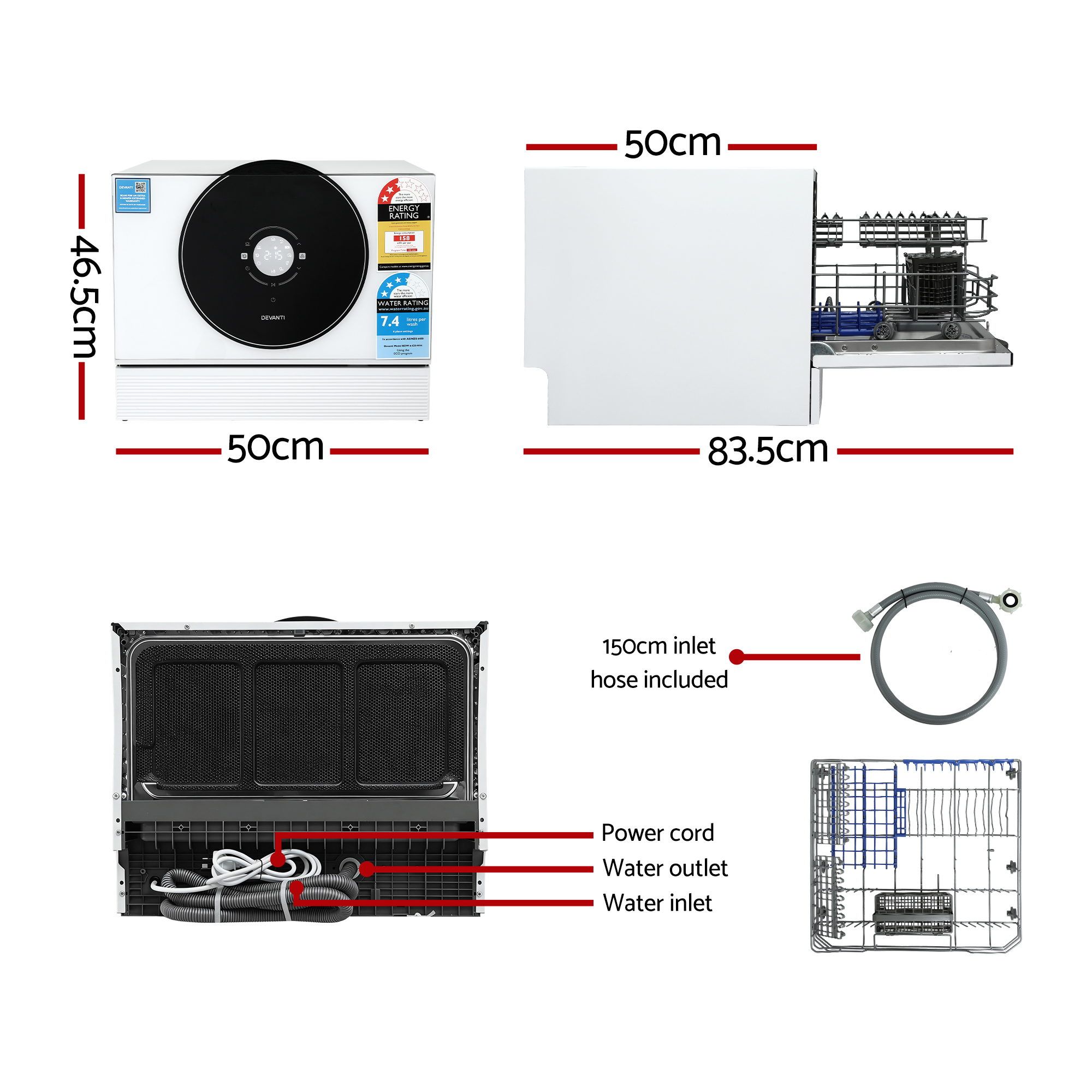 Devanti 6-Place Setting Benchtop Dishwasher 50cm White - Image 2