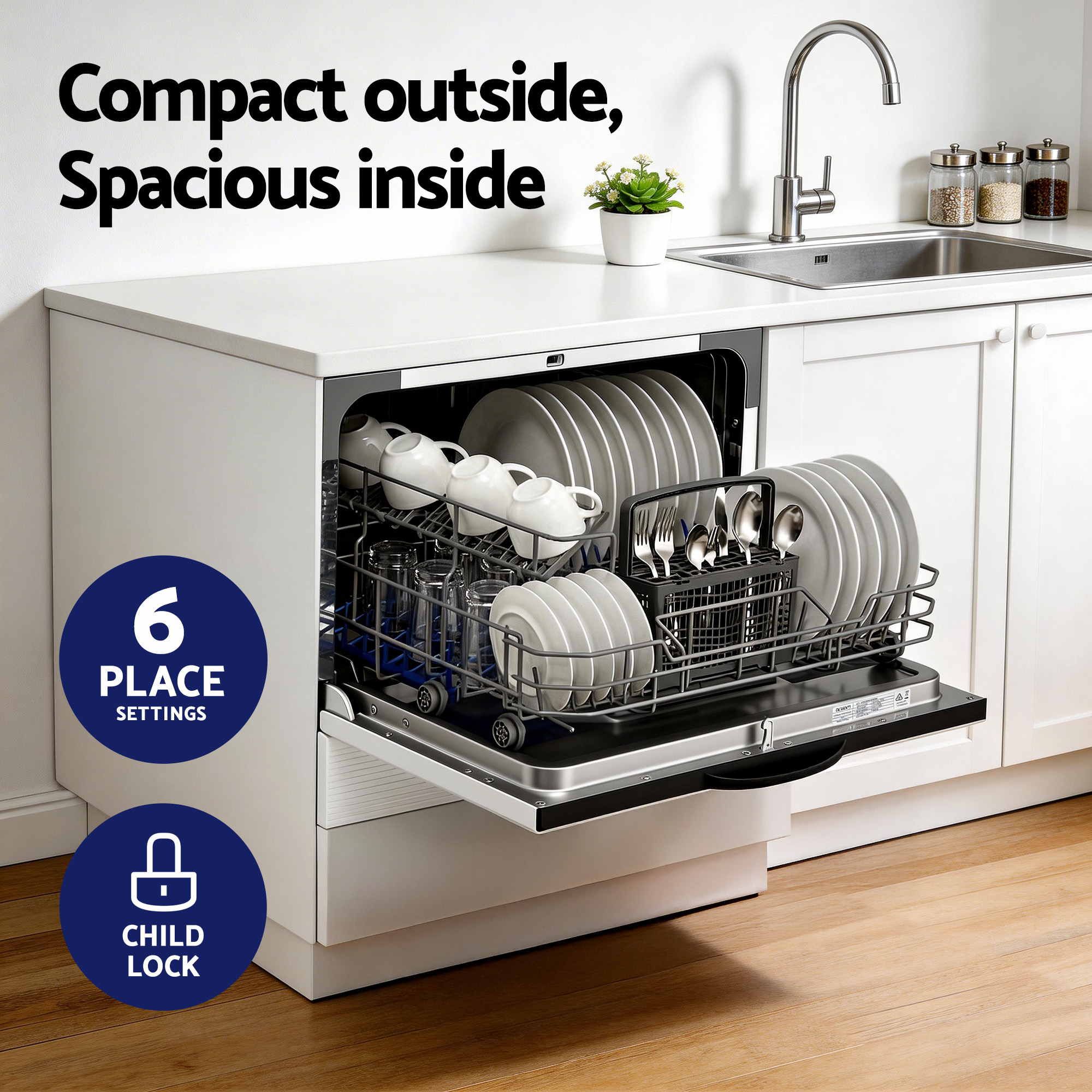 Devanti 6-Place Setting Benchtop Dishwasher 50cm White - Image 4