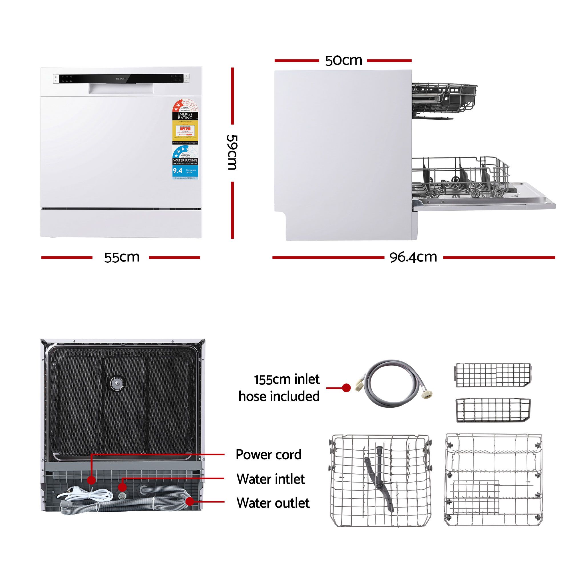 Devanti 8 Place Settings Benchtop Dishwasher White - Image 2