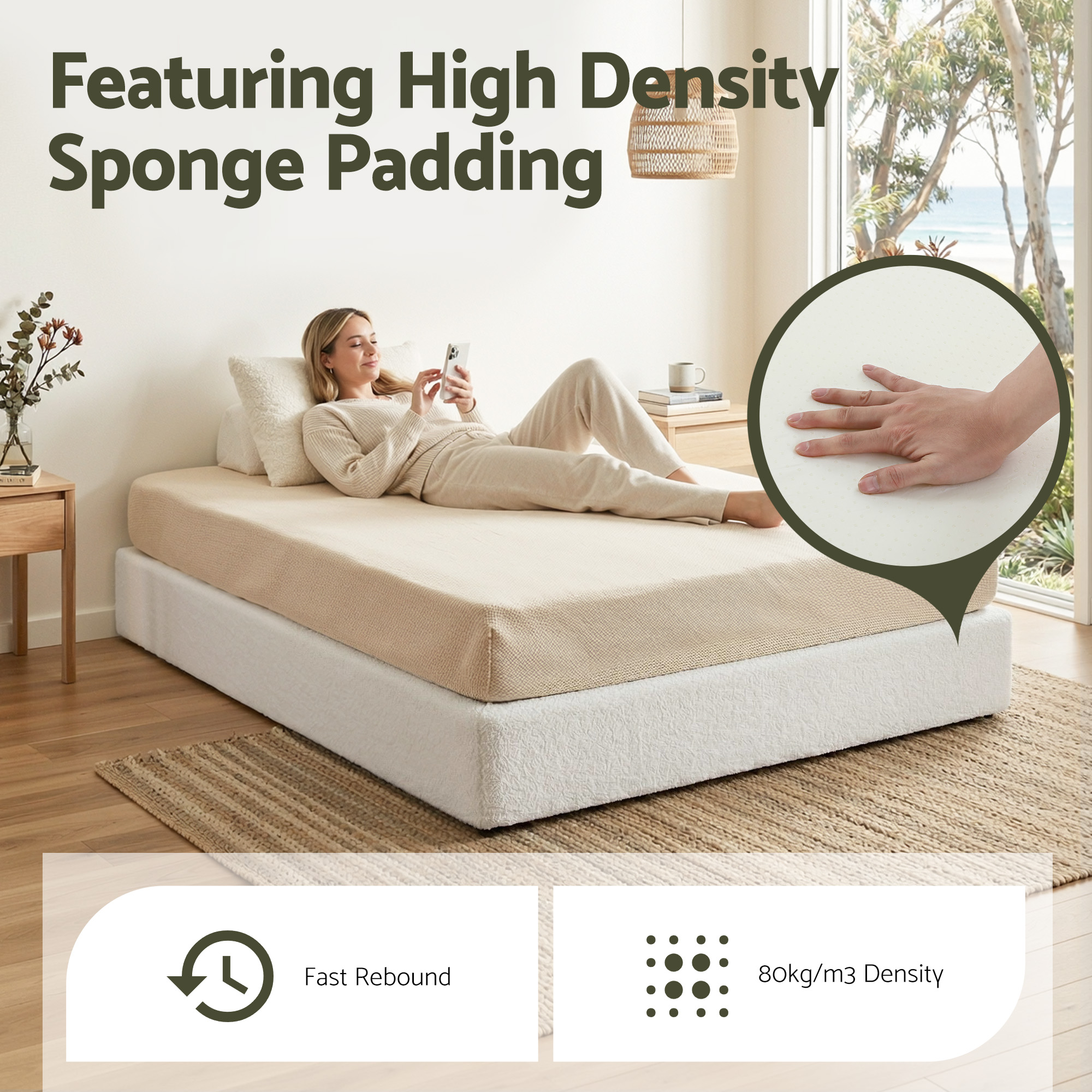 Artiss Compression Bed Frame Double Size No Assembly Vacuum High Density Sponge Boucle Cream White - Image 7