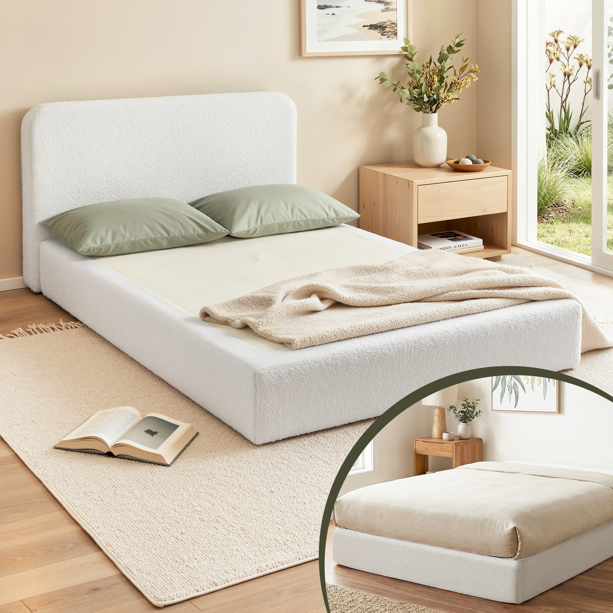 Artiss Compression Bed Frame Queen Size No Assembly Vacuum High Density Sponge Boucle Cream White - Image 1