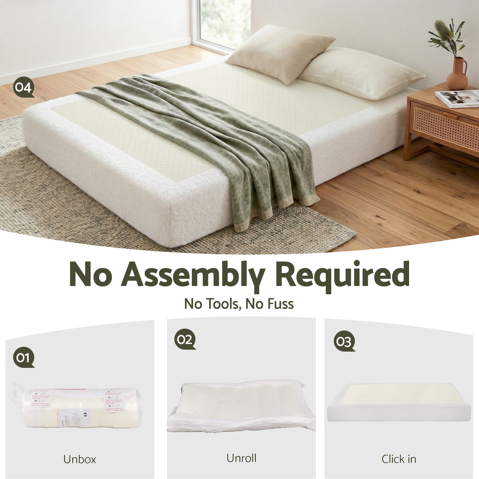 Artiss Compression Bed Frame Queen Size No Assembly Vacuum High Density Sponge Boucle Cream White - Image 4