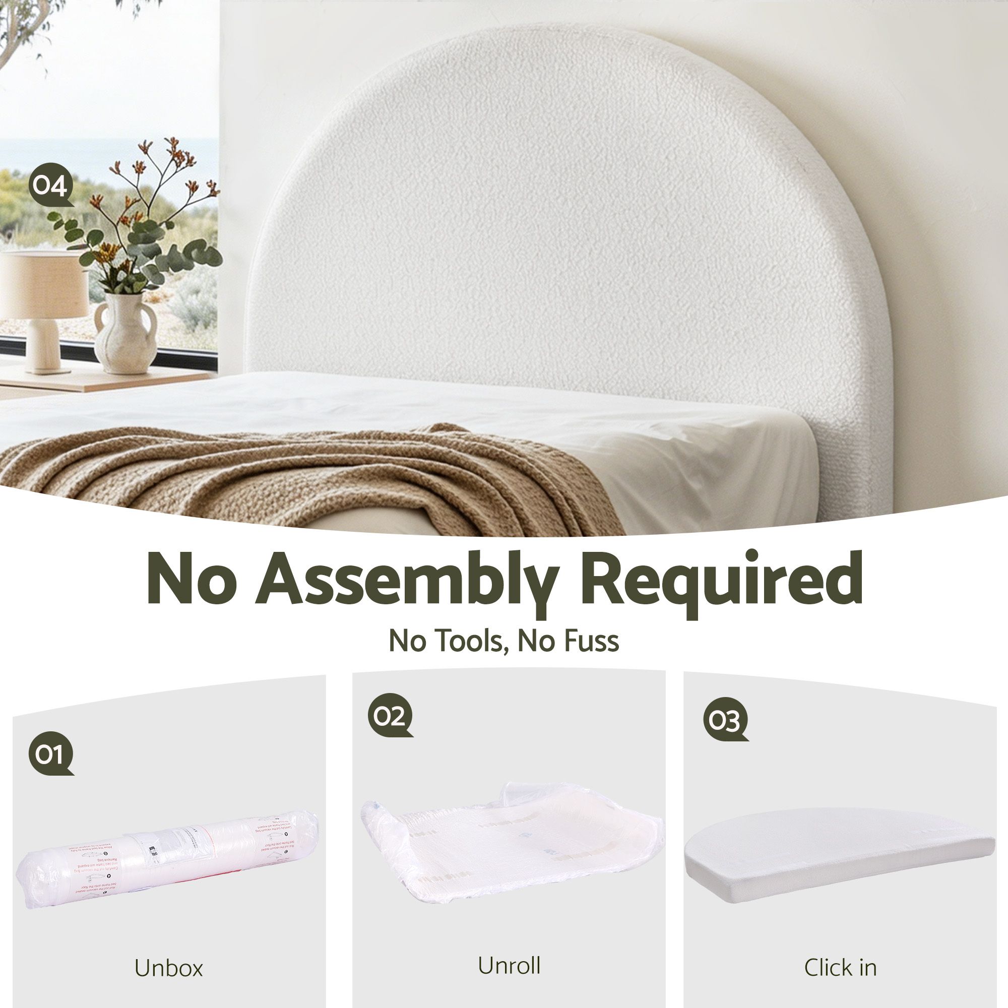 Artiss Double Size Headboard for Bed Frame Boucle Fabric No-Assembly Vacuum Compressed Soft Backrest with Removable Washable Cover 154cm Wide - Image 4