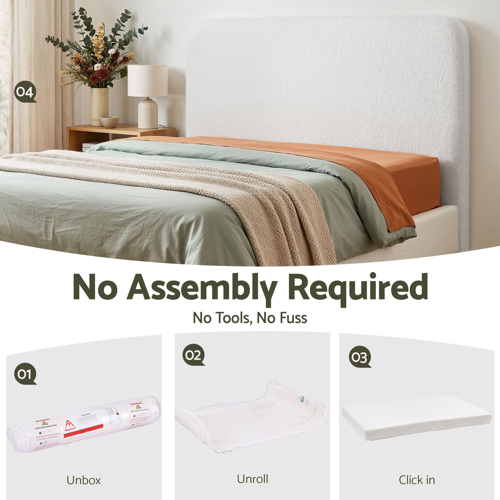 Artiss Double Headboard for Bed Frame Boucle Fabric No-Assembly Vacuum Compressed Soft Backrest with Removable Washable Cover 155cm Wide - Image 4