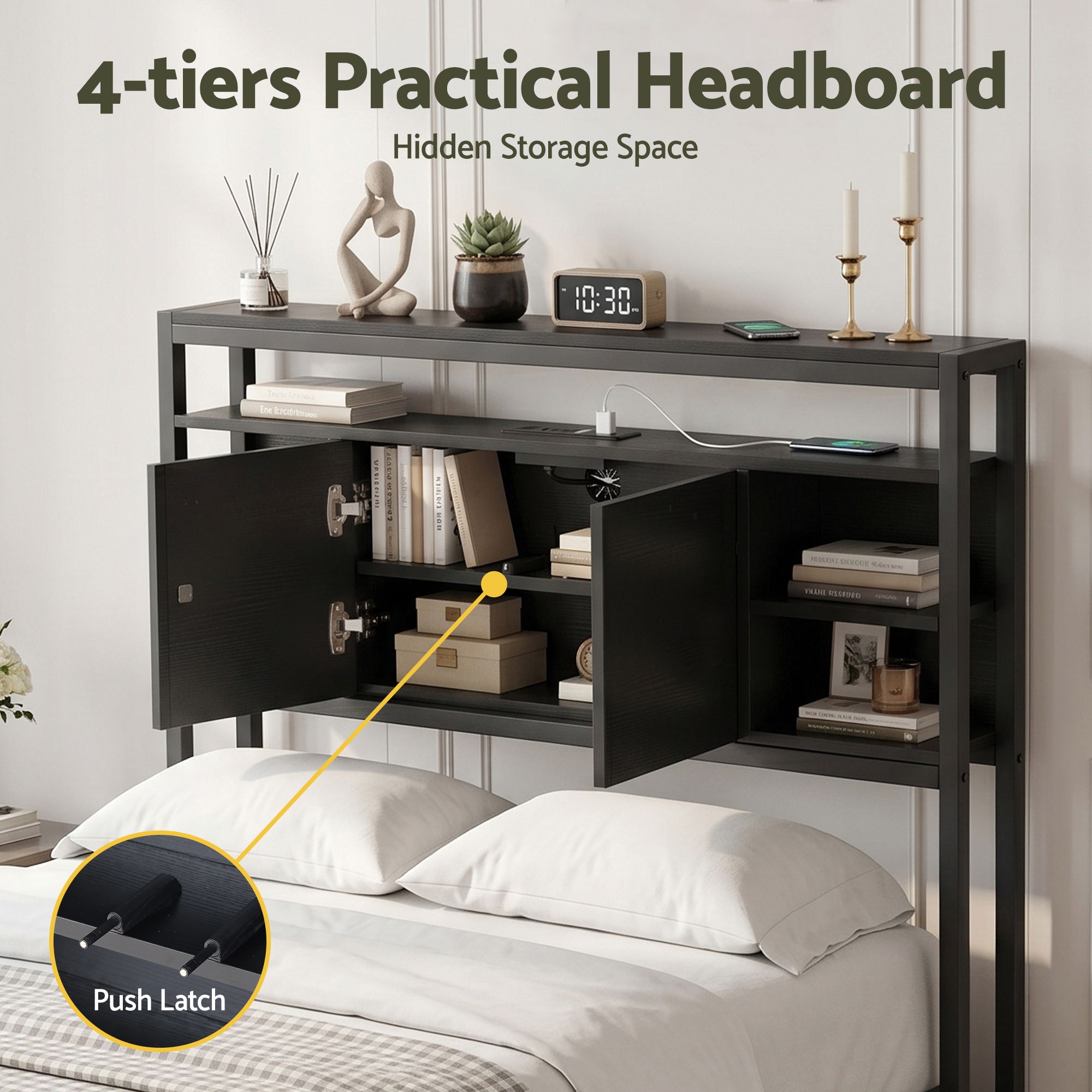 Artiss Bed Headboard King Single Storage Bedhead Charging Station Black - Image 4