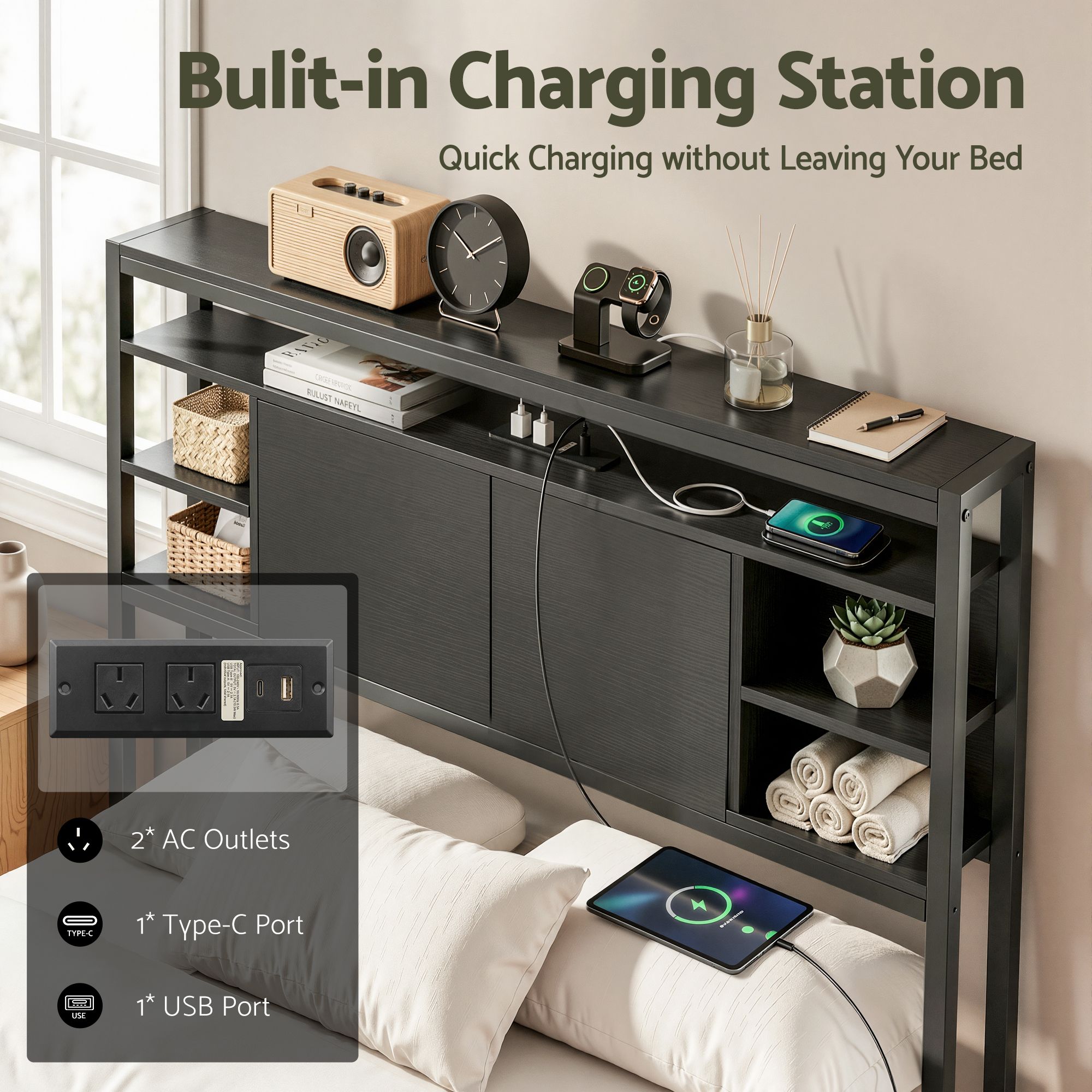 Artiss Bed Headboard King Single Storage Bedhead Charging Station Black - Image 5